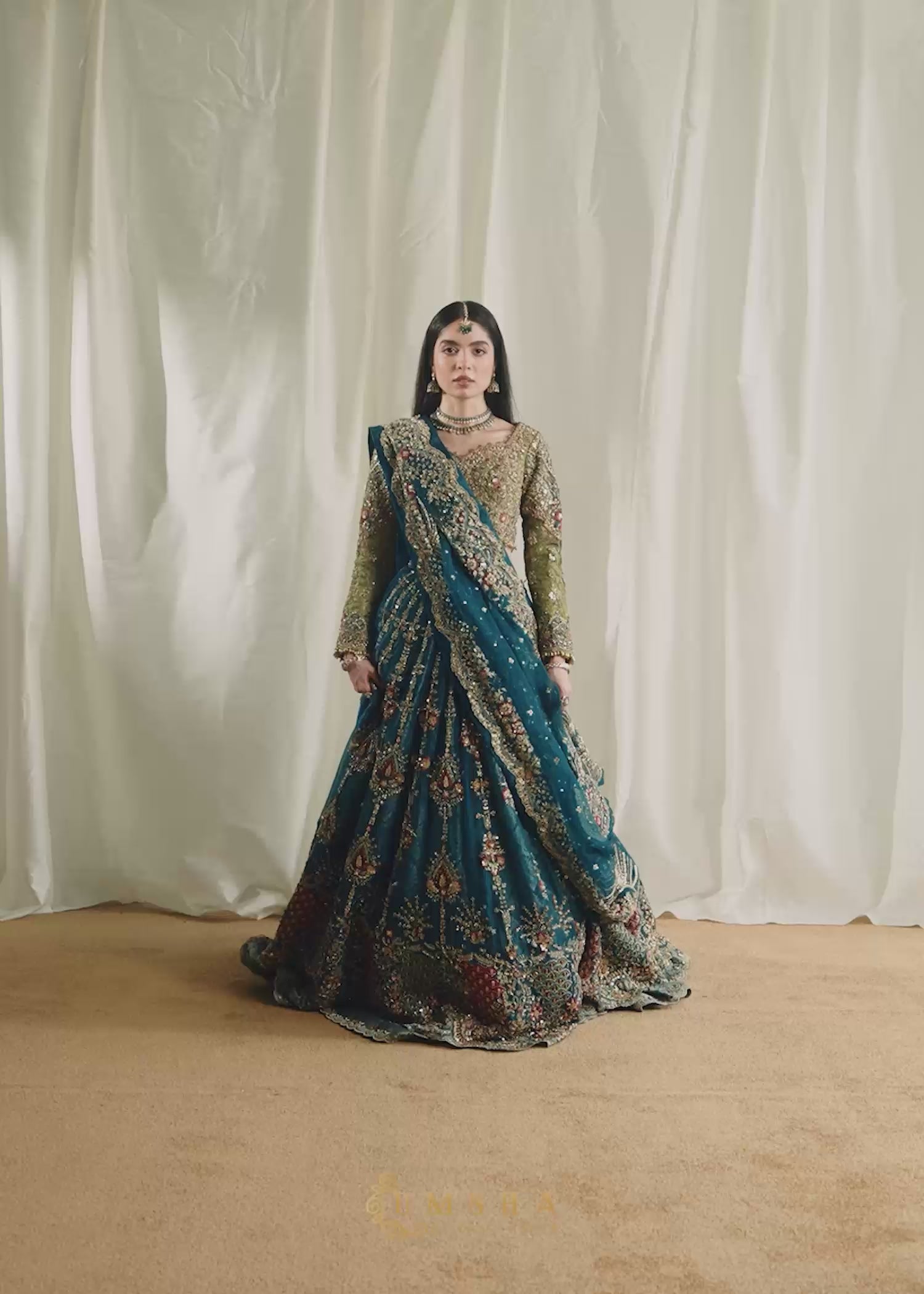 Indian Apple Green & Teal Green Embroidered Bridal Lehenga (3-Piece) - Image 10