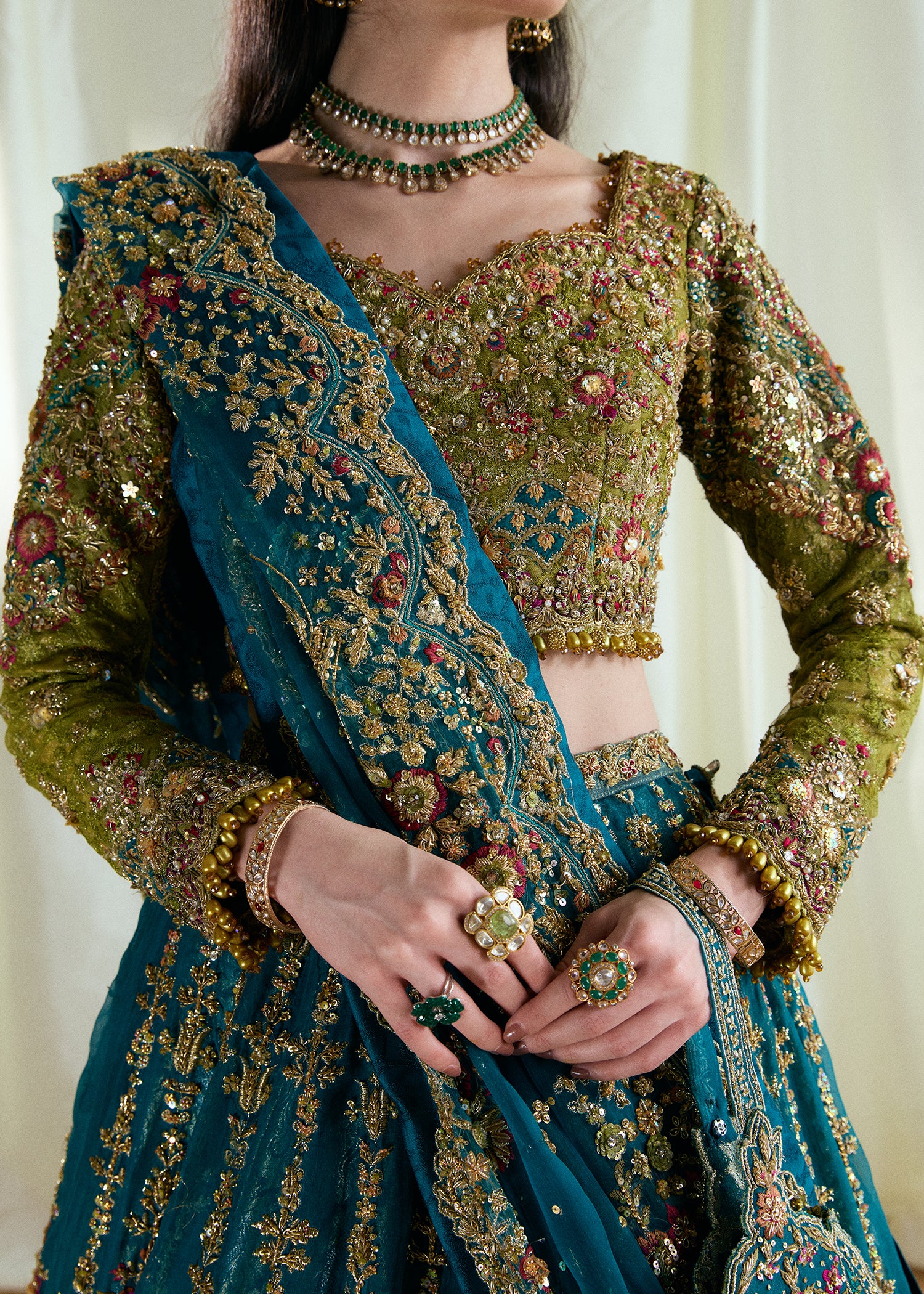 Indian Apple Green & Teal Green Embroidered Bridal Lehenga (3-Piece) - Image 2