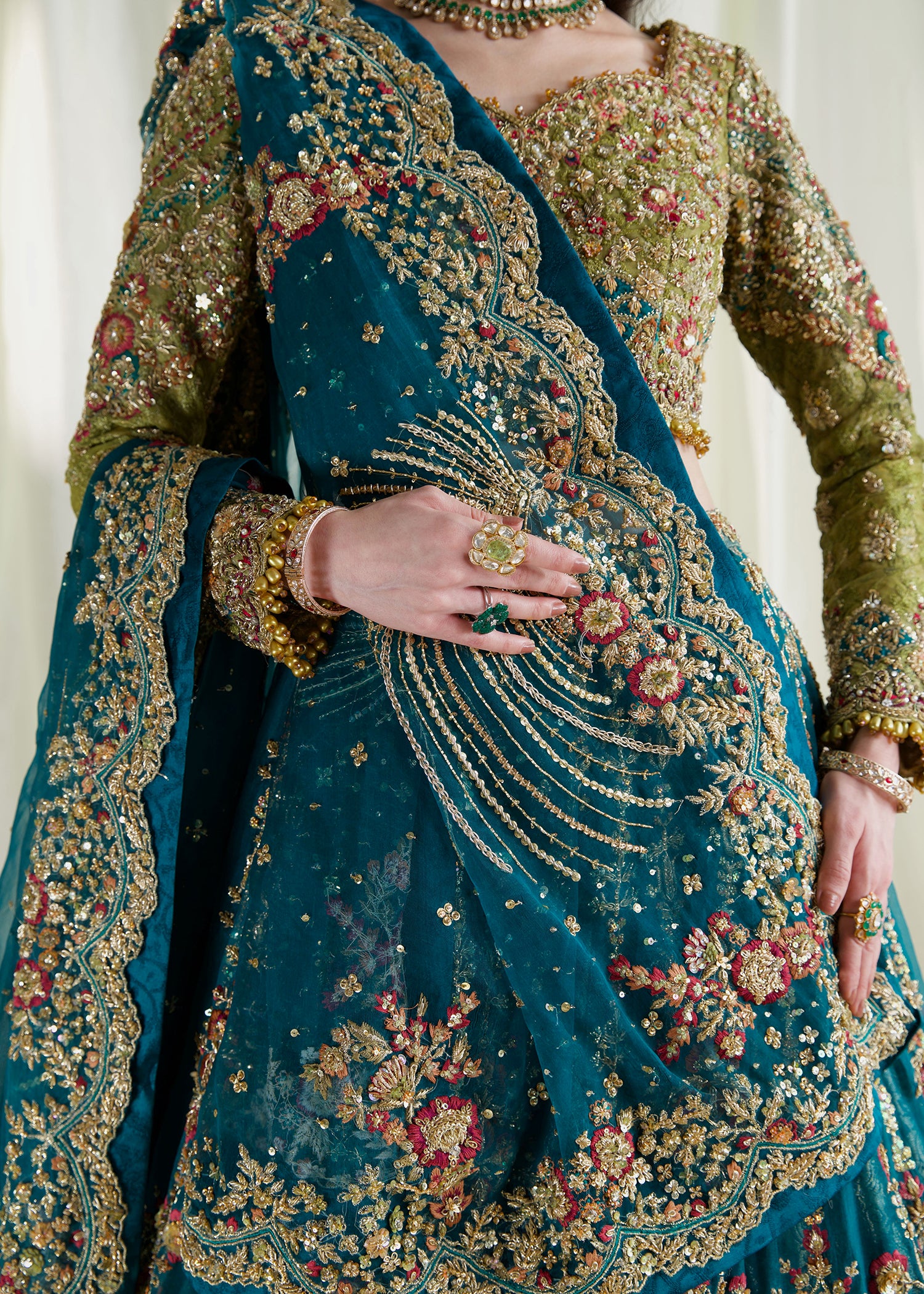 Indian Apple Green & Teal Green Embroidered Bridal Lehenga (3-Piece) - Image 3