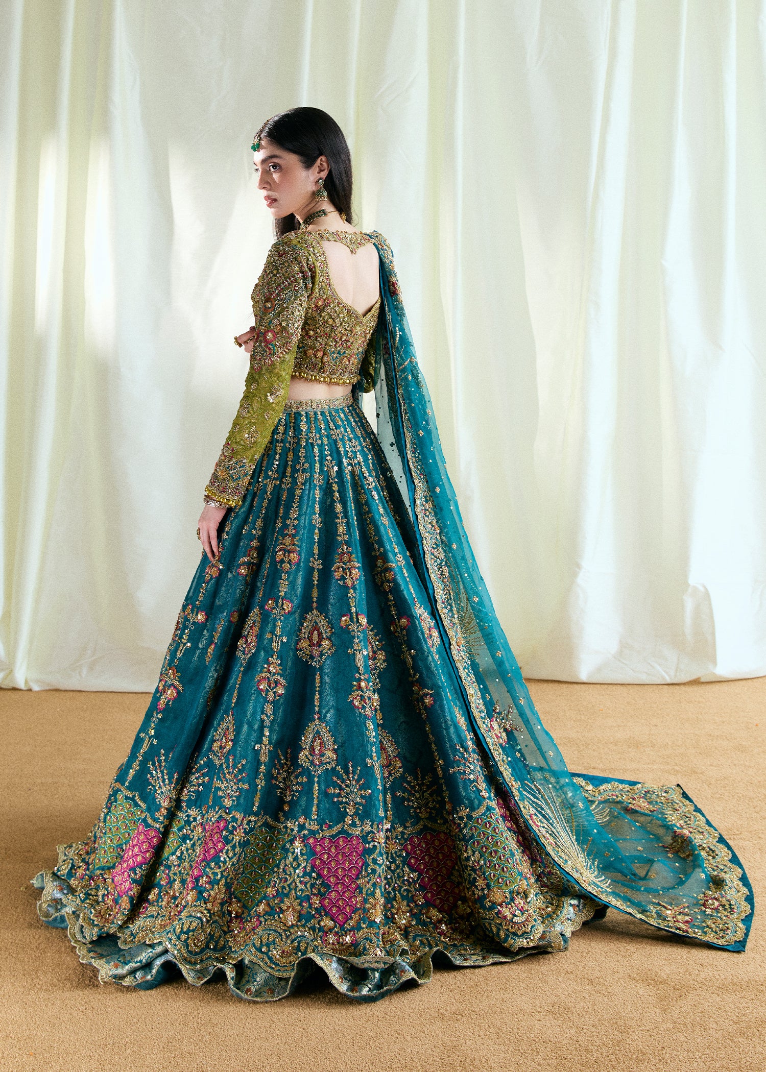 Indian Apple Green & Teal Green Embroidered Bridal Lehenga (3-Piece) - Image 9