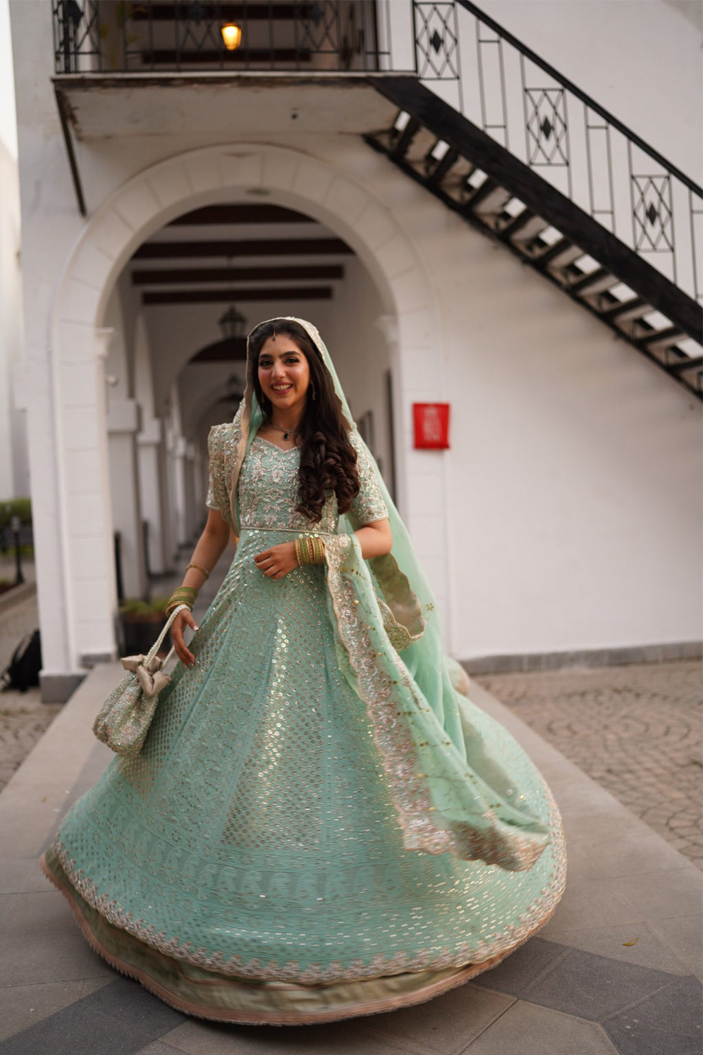 Pakistani Mint Embroidered Pure Chickankari Peshwaaz Dress (3-Piece) - Image 1