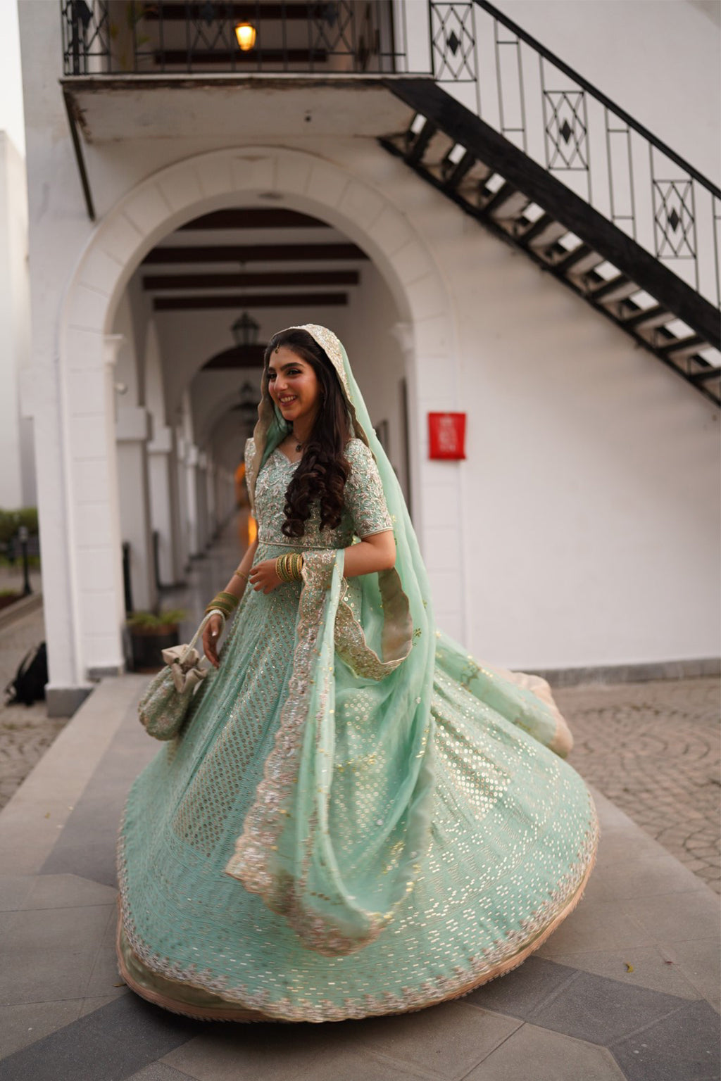 Pakistani Mint Embroidered Pure Chickankari Peshwaaz Dress (3-Piece) - Image 2