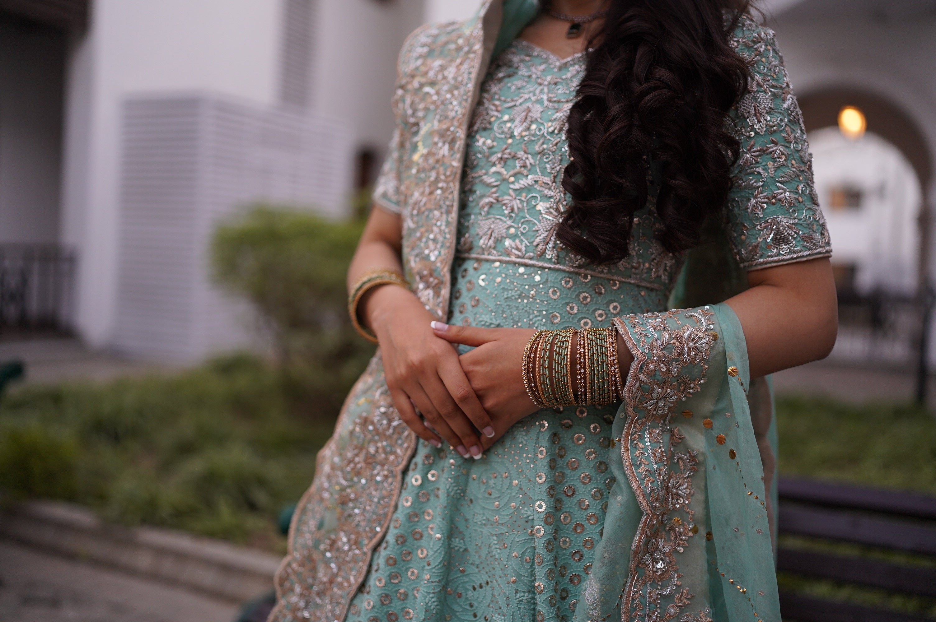 Pakistani Mint Embroidered Pure Chickankari Peshwaaz Dress (3-Piece) - Image 3