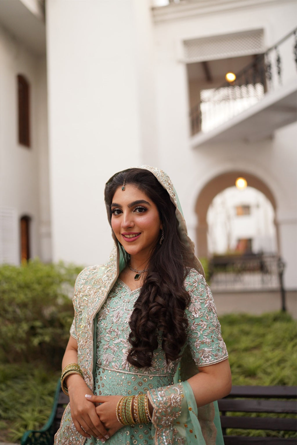 Pakistani Mint Embroidered Pure Chickankari Peshwaaz Dress (3-Piece) - Image 4