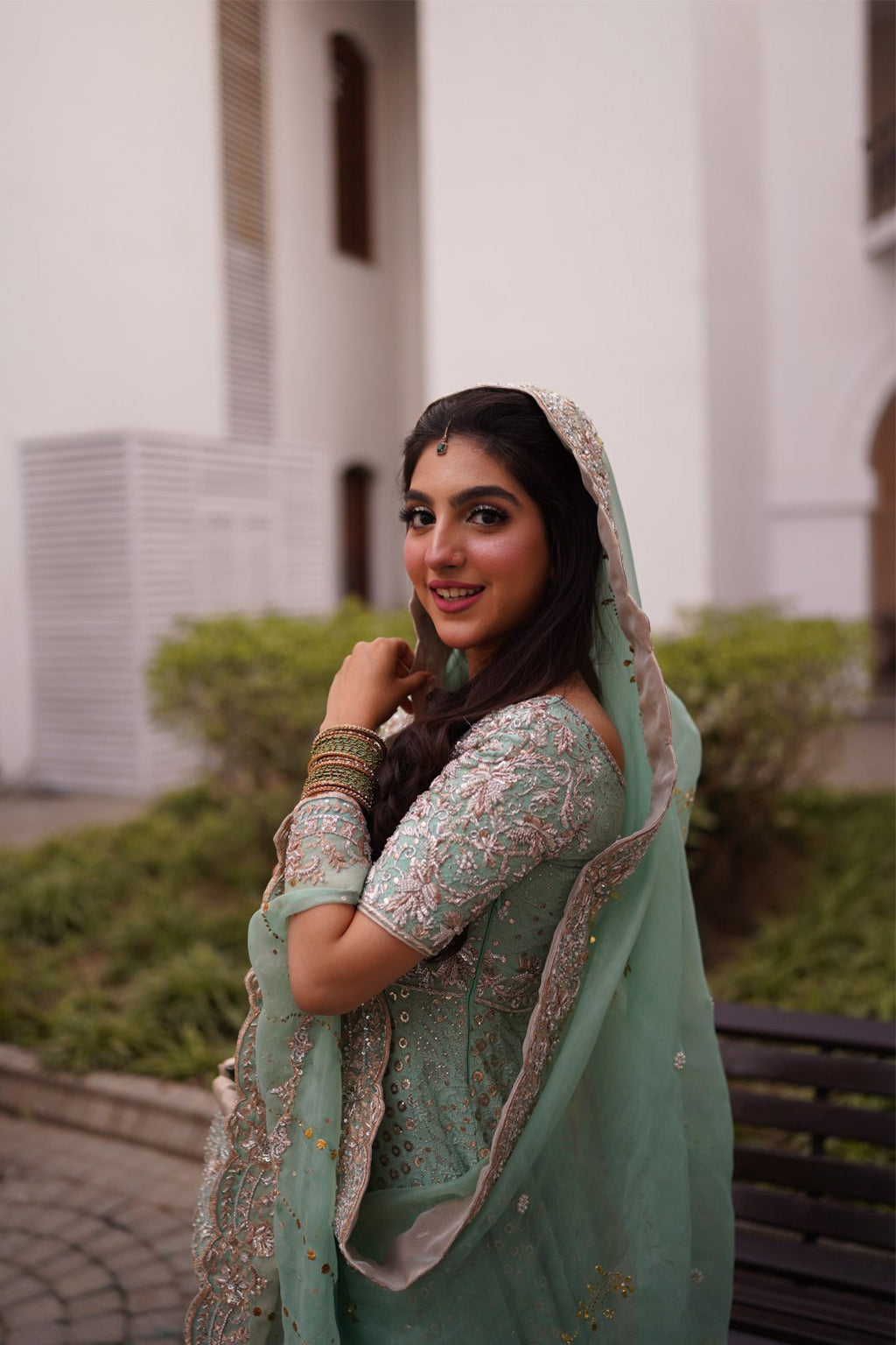 Pakistani Mint Embroidered Pure Chickankari Peshwaaz Dress (3-Piece) - Image 5