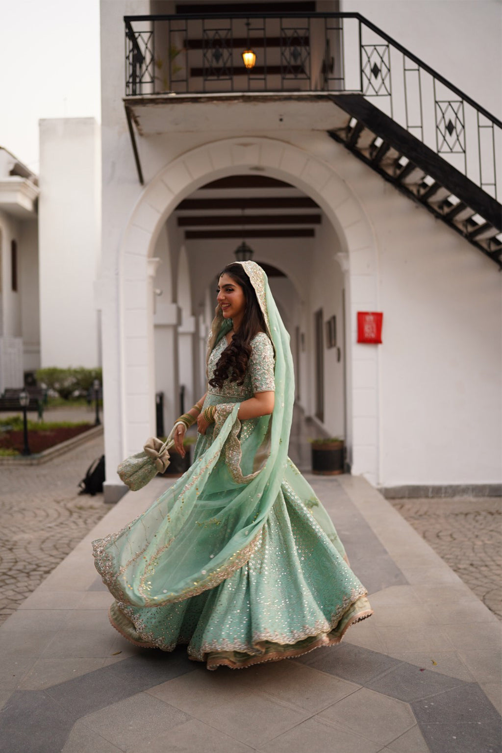 Pakistani Mint Embroidered Pure Chickankari Peshwaaz Dress (3-Piece) - Image 6