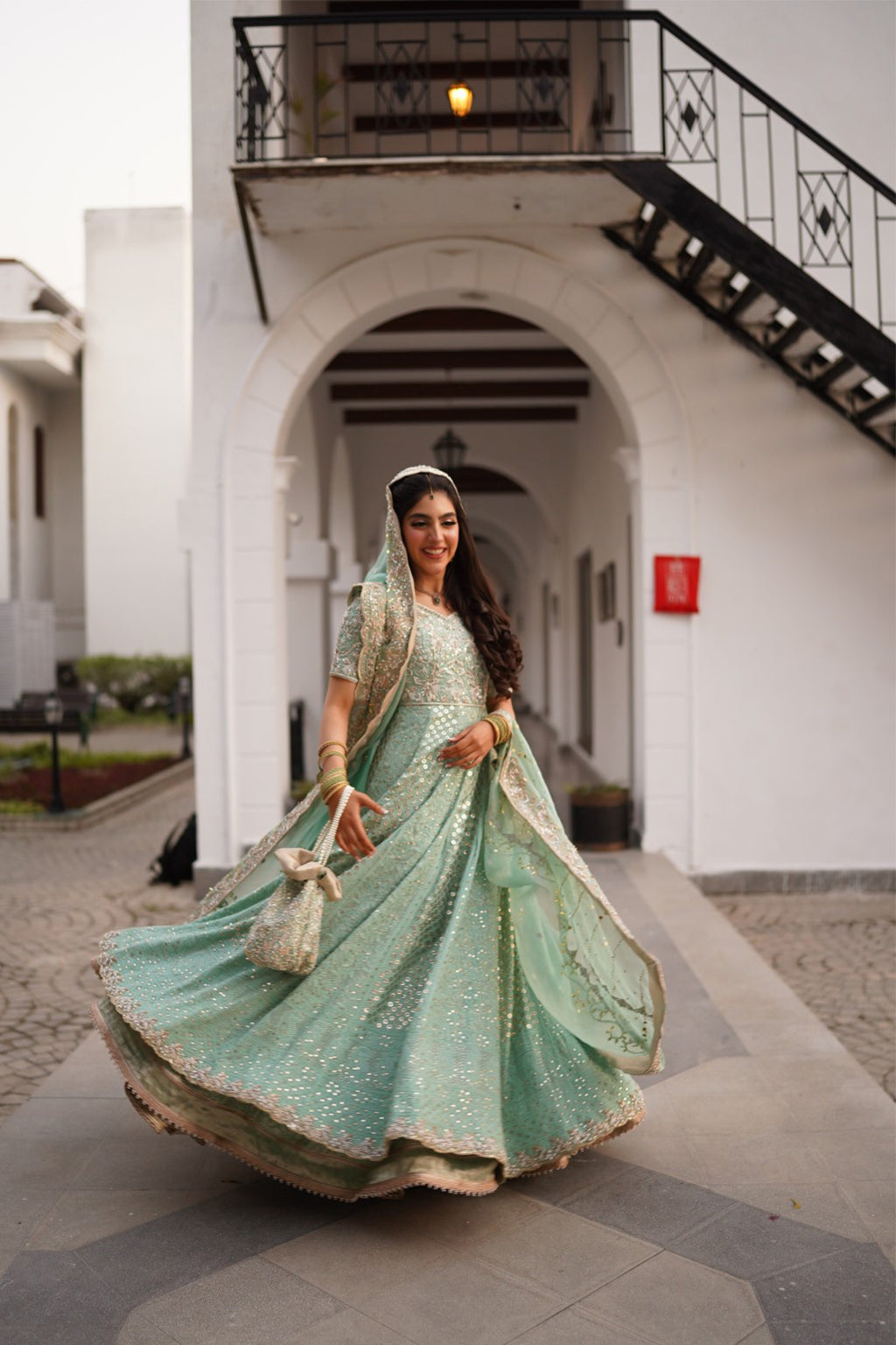 Pakistani Mint Embroidered Pure Chickankari Peshwaaz Dress (3-Piece) - Image 7