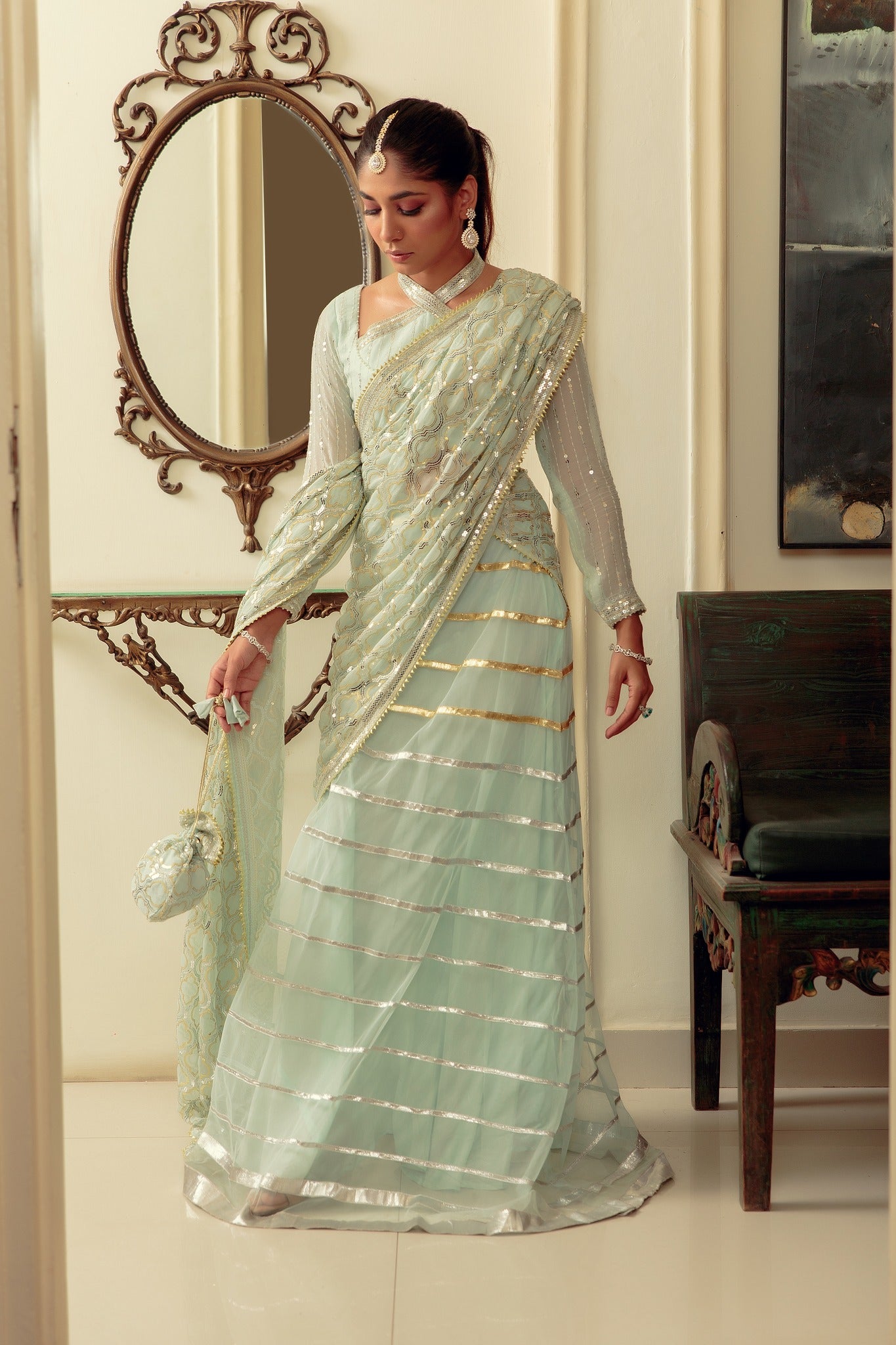 Mint Gota Sequin Chiffon & Net Lehenga Choli (3-Piece) - Image 1
