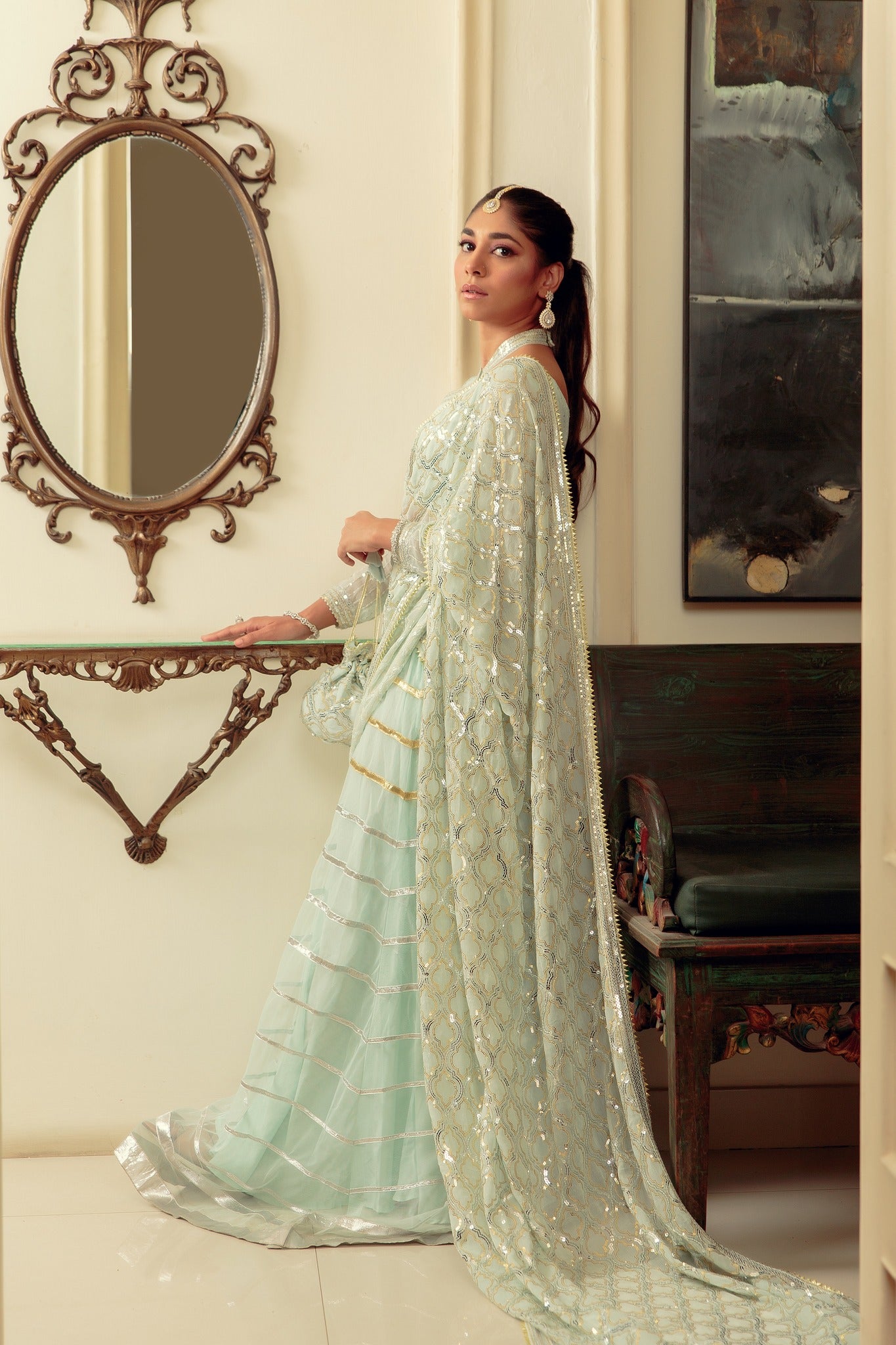 Mint Gota Sequin Chiffon & Net Lehenga Choli (3-Piece) - Image 2