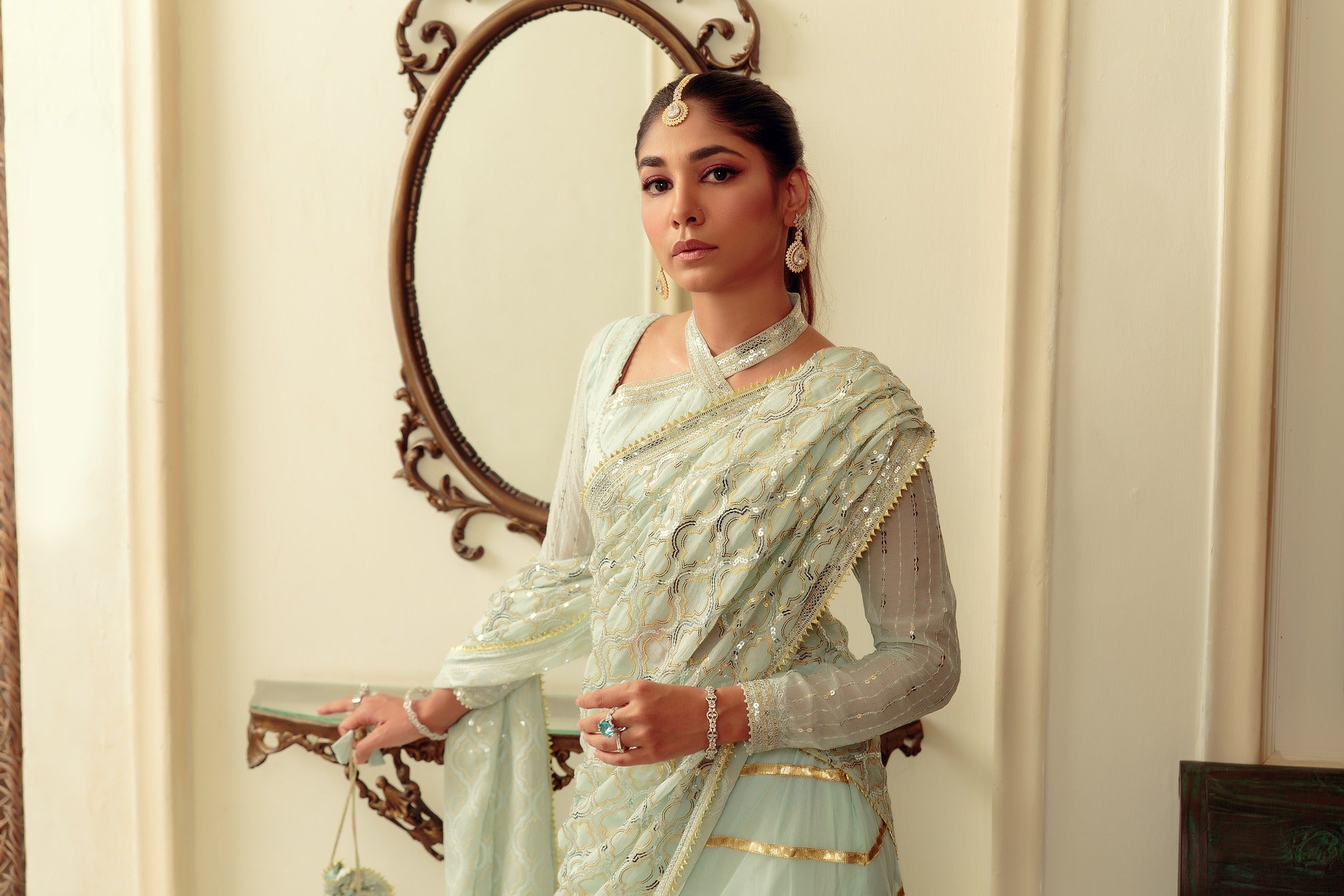 Mint Gota Sequin Chiffon & Net Lehenga Choli (3-Piece) - Image 3