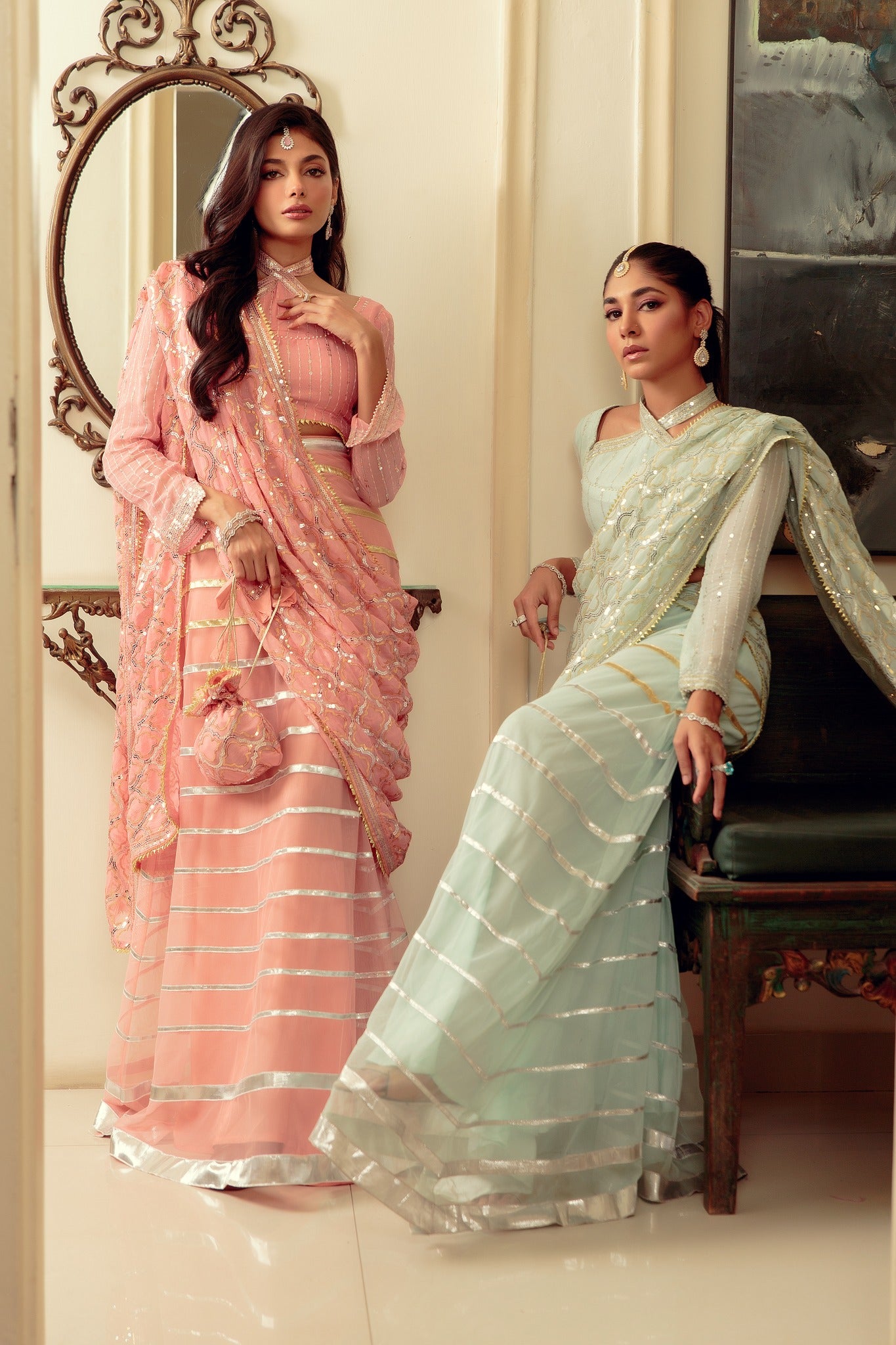 Mint Gota Sequin Chiffon & Net Lehenga Choli (3-Piece) - Image 4