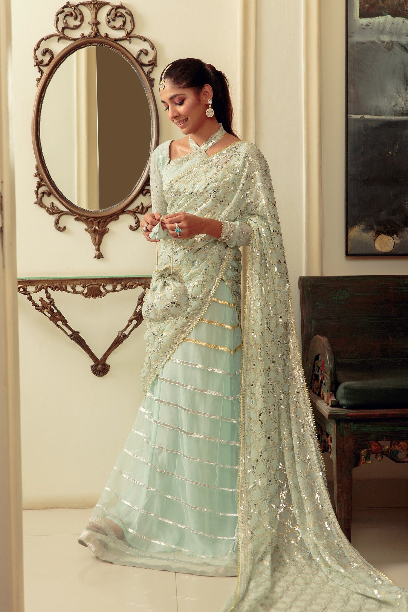 Mint Gota Sequin Chiffon & Net Lehenga Choli (3-Piece) - Image 6