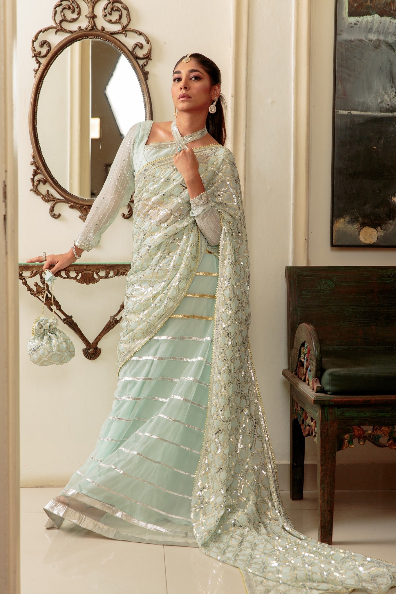 Mint Gota Sequin Chiffon & Net Lehenga Choli (3-Piece) - Image 7