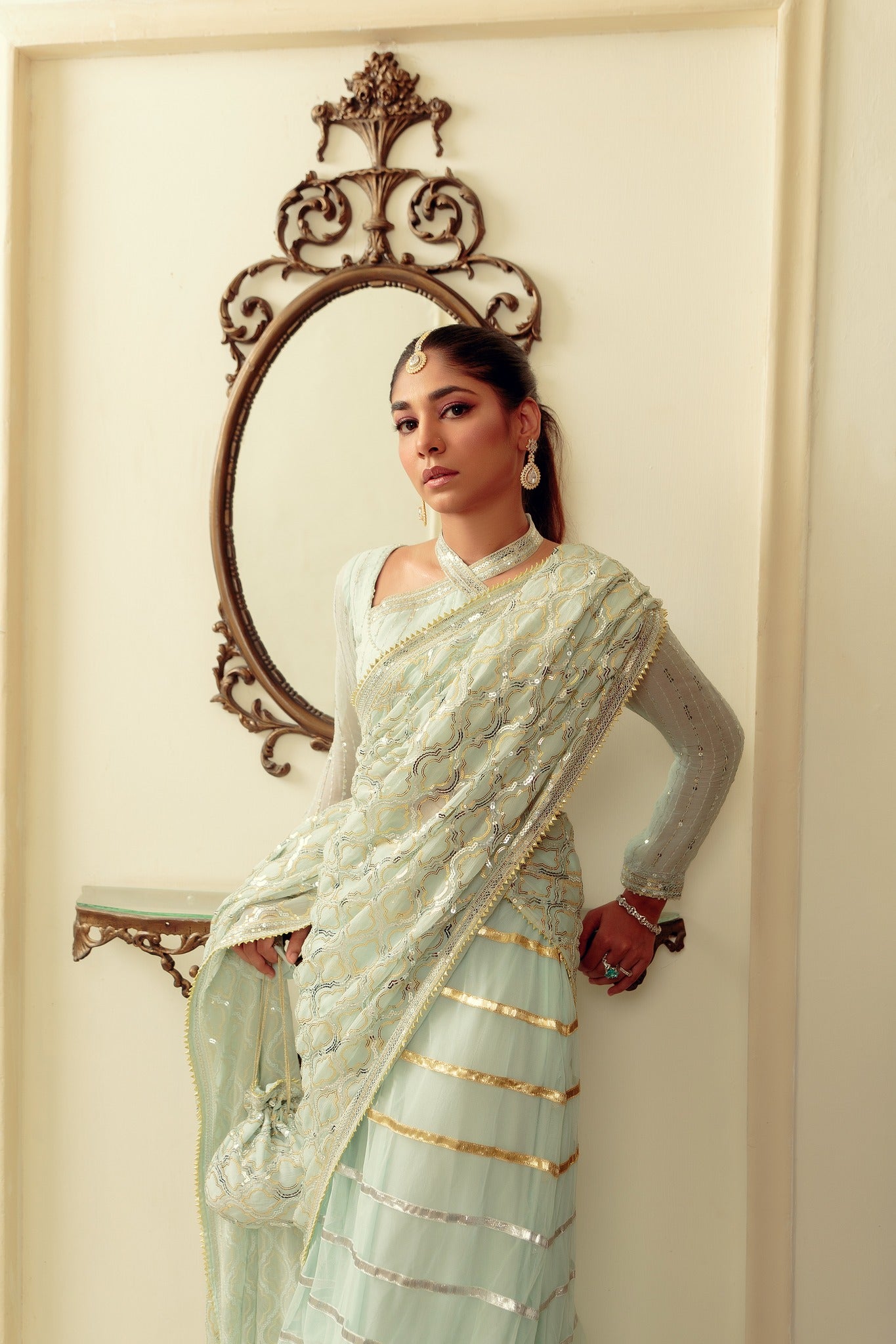 Mint Gota Sequin Chiffon & Net Lehenga Choli (3-Piece) - Image 8