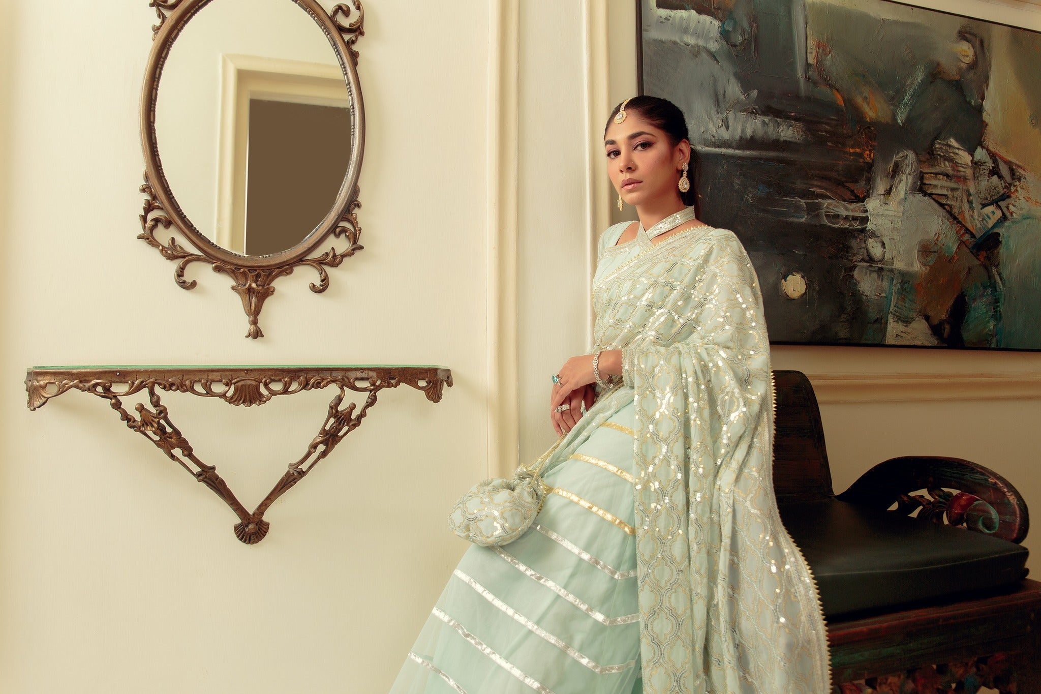 Mint Gota Sequin Chiffon & Net Lehenga Choli (3-Piece) - Image 9