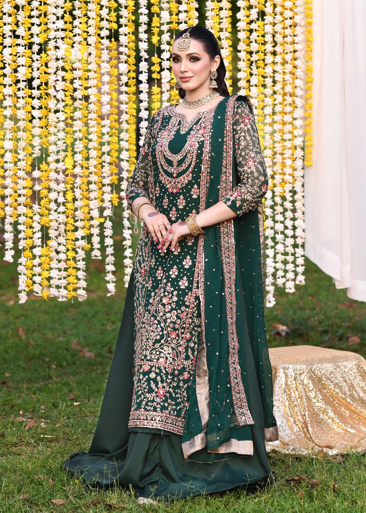 Pakistani Bottle Green Embroidered Chiffon Lehenga Set (3-Piece) - Image 1