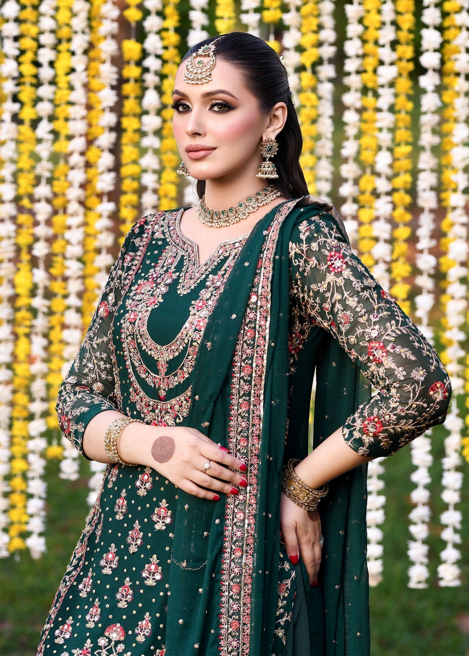 Pakistani Bottle Green Embroidered Chiffon Lehenga Set (3-Piece) - Image 2