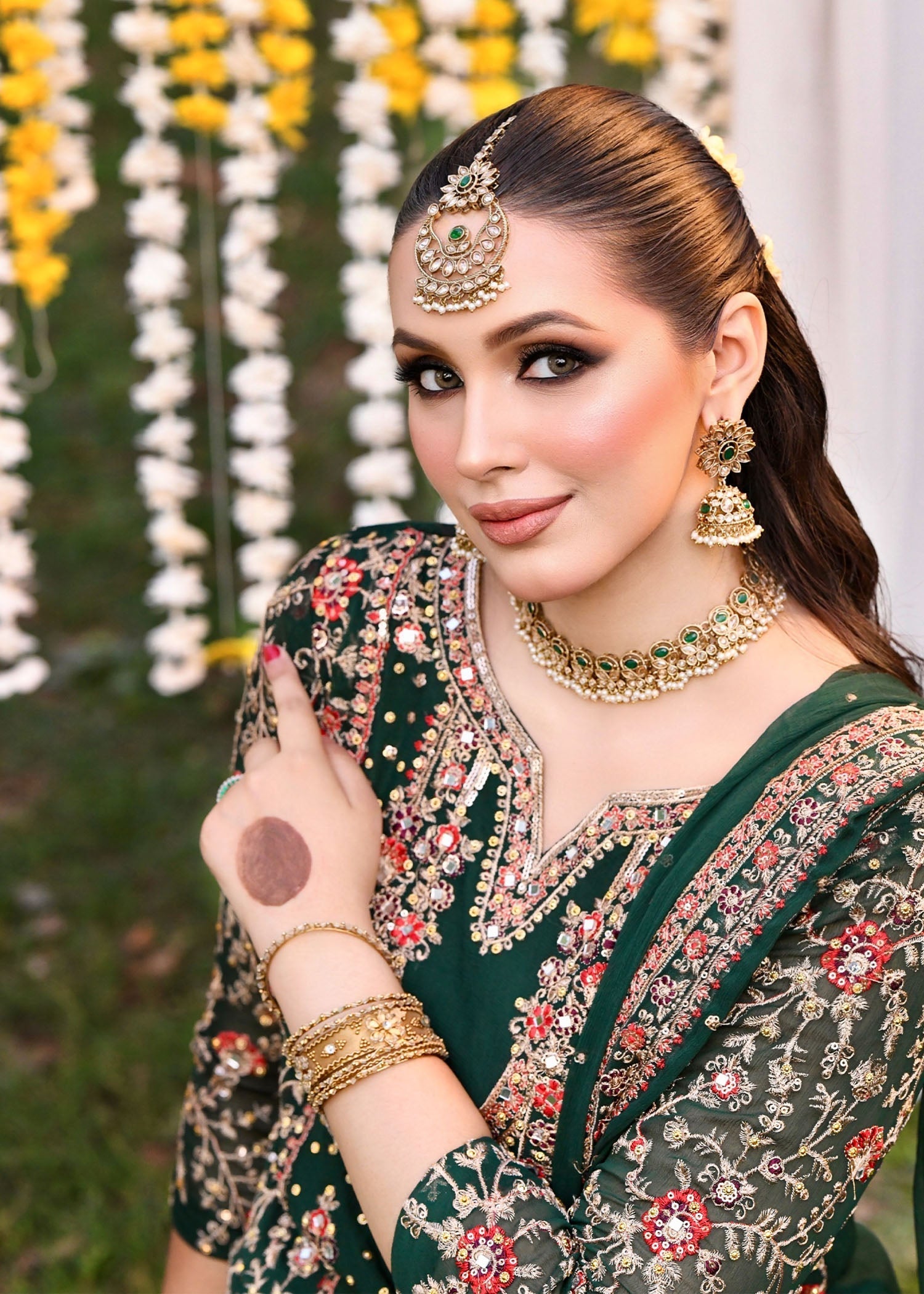 Pakistani Bottle Green Embroidered Chiffon Lehenga Set (3-Piece) - Image 3