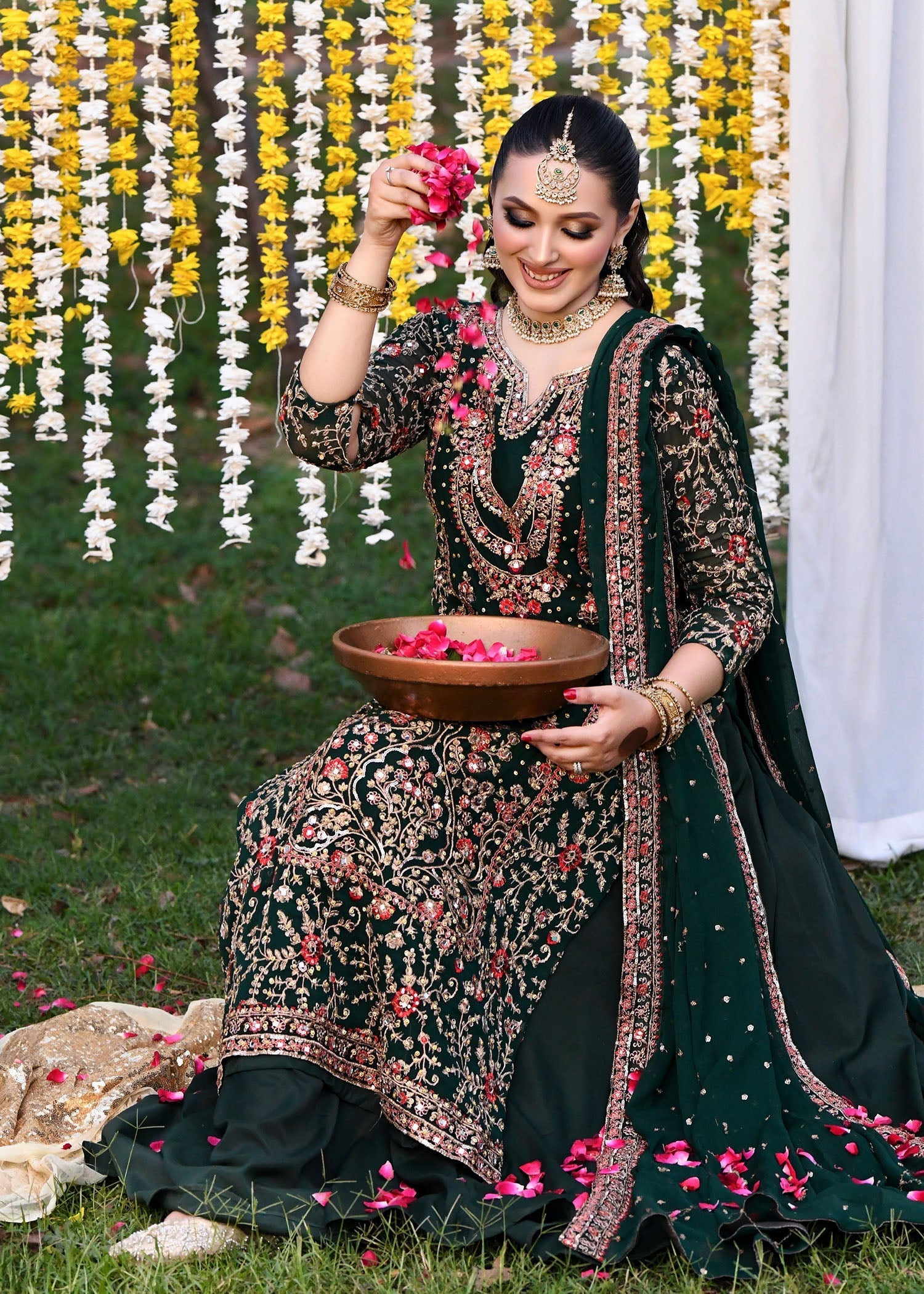 Pakistani Bottle Green Embroidered Chiffon Lehenga Set (3-Piece) - Image 4