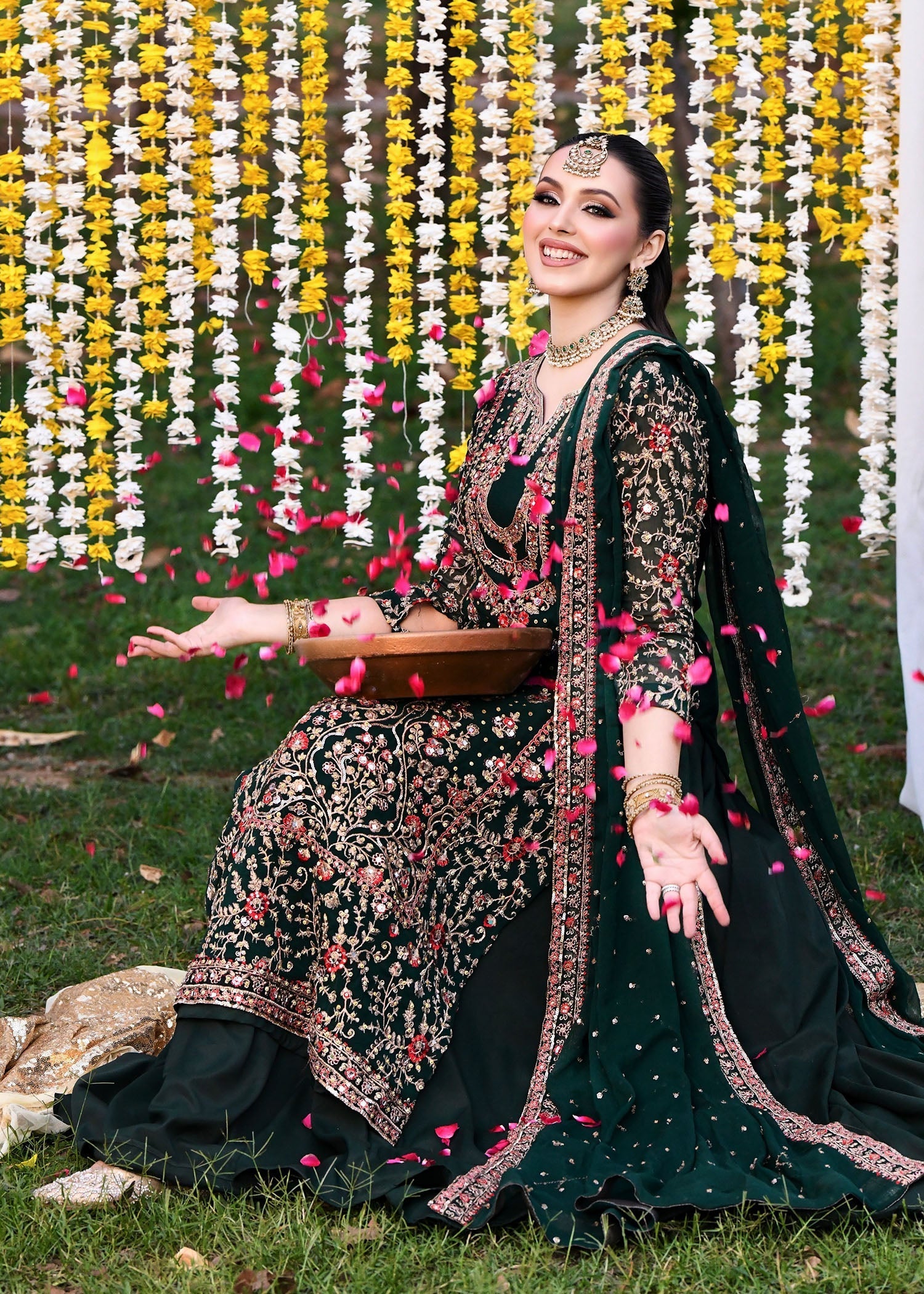 Pakistani Bottle Green Embroidered Chiffon Lehenga Set (3-Piece) - Image 5