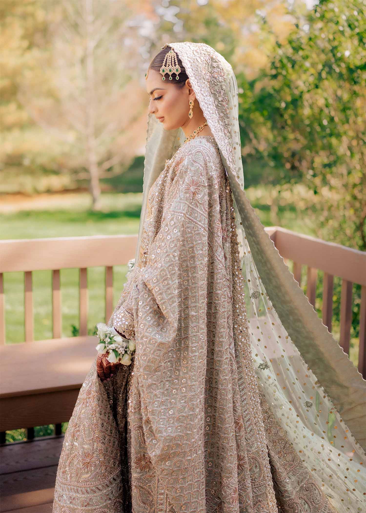 Pakistani Mint Green Chikan Kari Bridal Lehenga (3-Piece) - Image 4