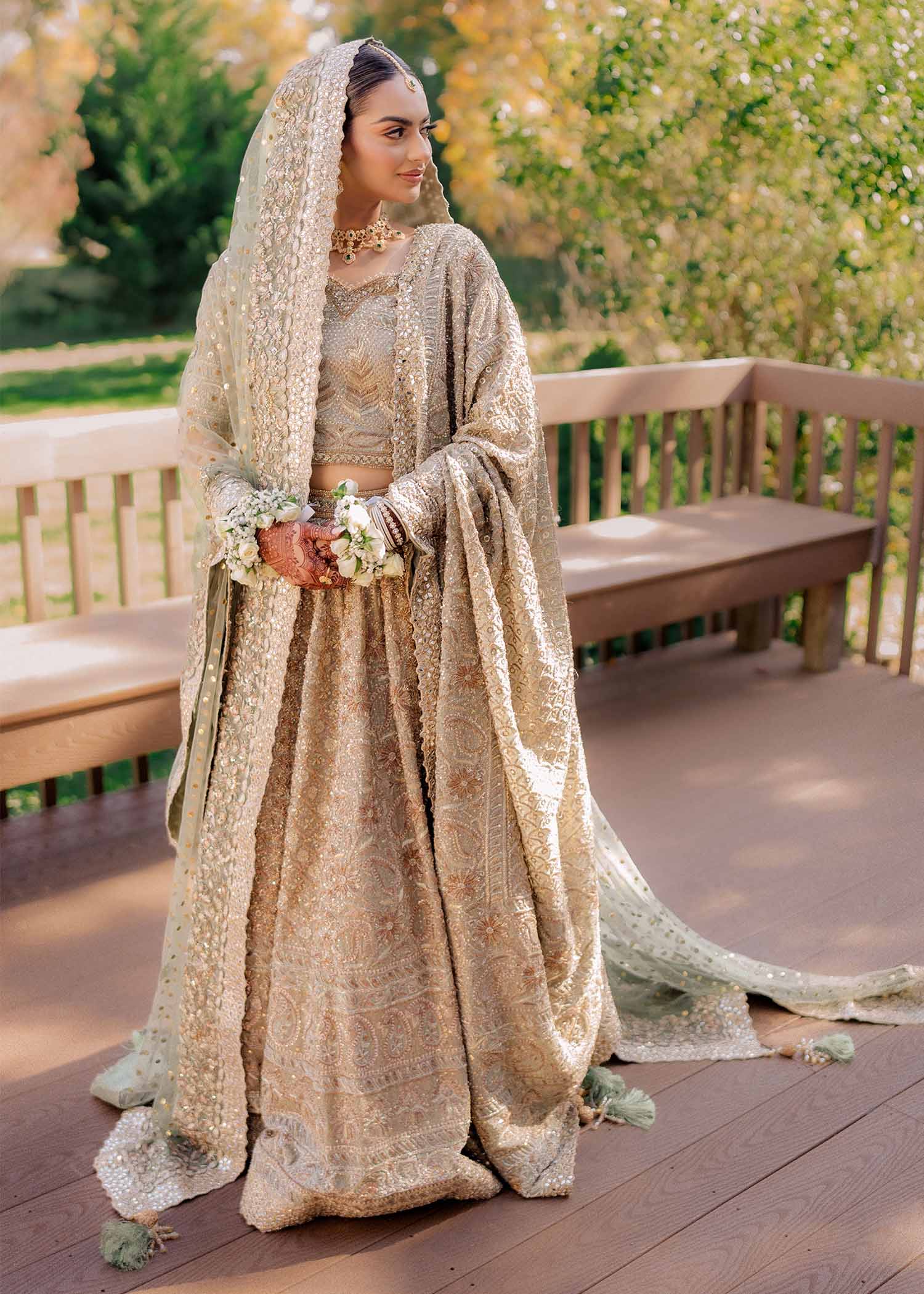 Pakistani Mint Green Chikan Kari Bridal Lehenga (3-Piece) - Image 5