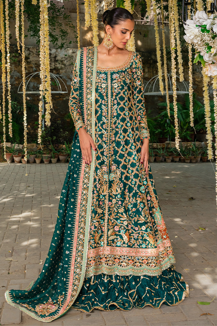 Pakistani Emerald Green Embroidered Cotton Net Lehenga (3-Piece) - Image 1