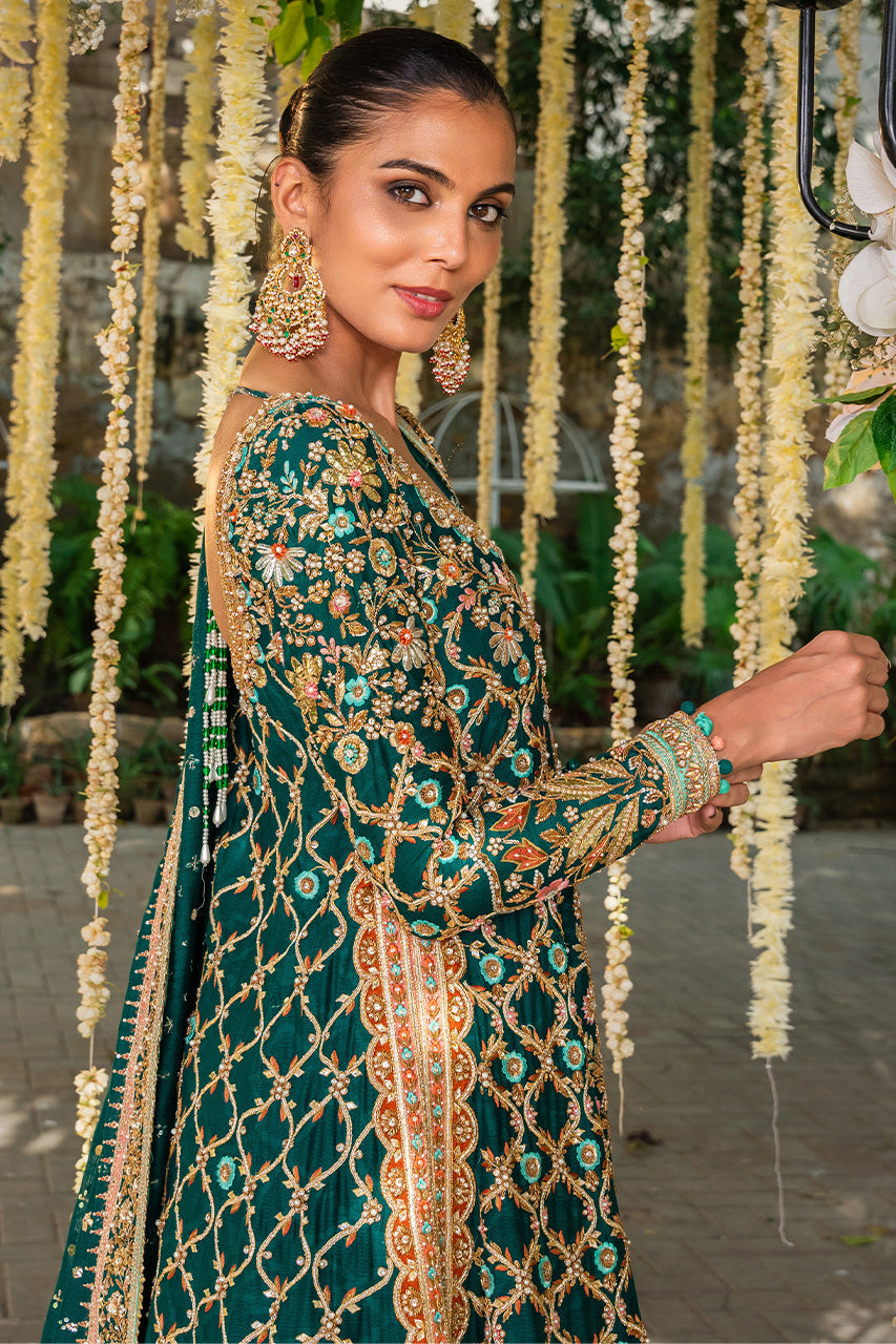 Pakistani Emerald Green Embroidered Cotton Net Lehenga (3-Piece) - Image 3