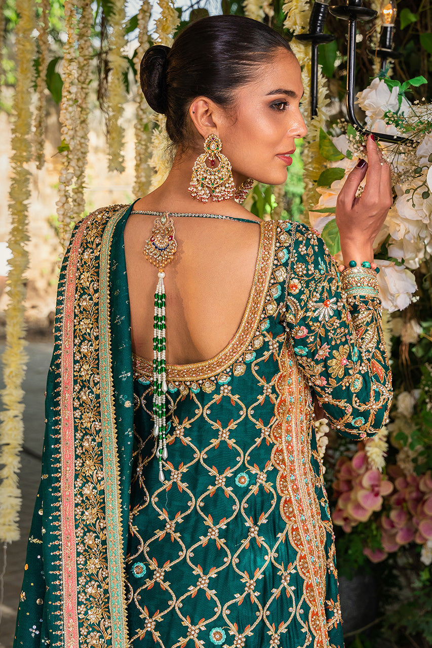 Pakistani Emerald Green Embroidered Cotton Net Lehenga (3-Piece) - Image 4