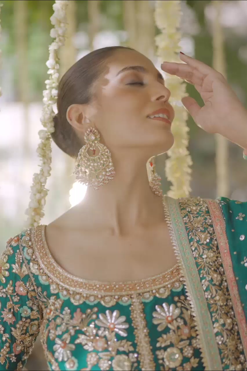 Pakistani Emerald Green Embroidered Cotton Net Lehenga (3-Piece) - Image 5