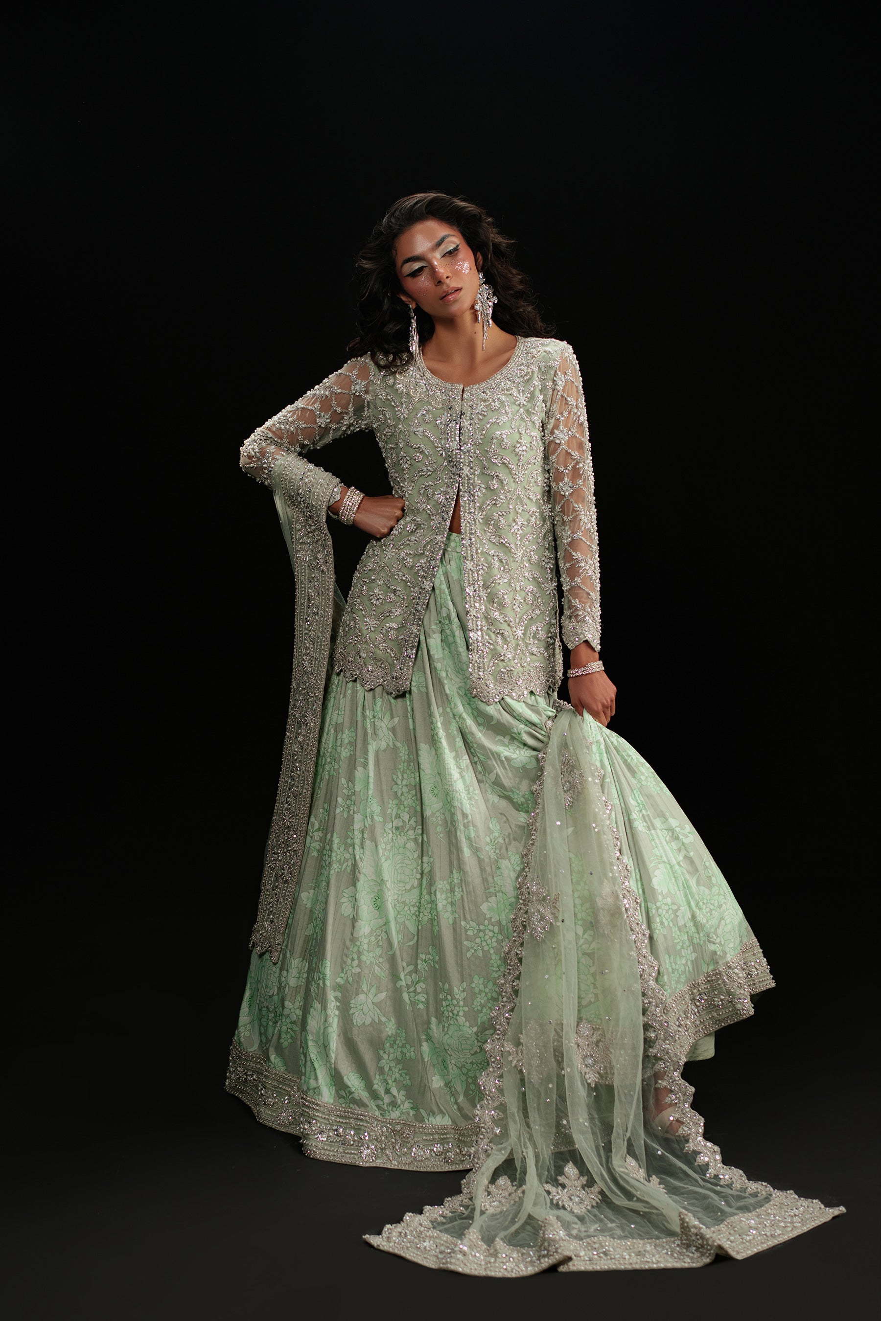 Pakistani Minty Dove Embellished Net & Crepe Lehenga (4-Piece) - Image 1