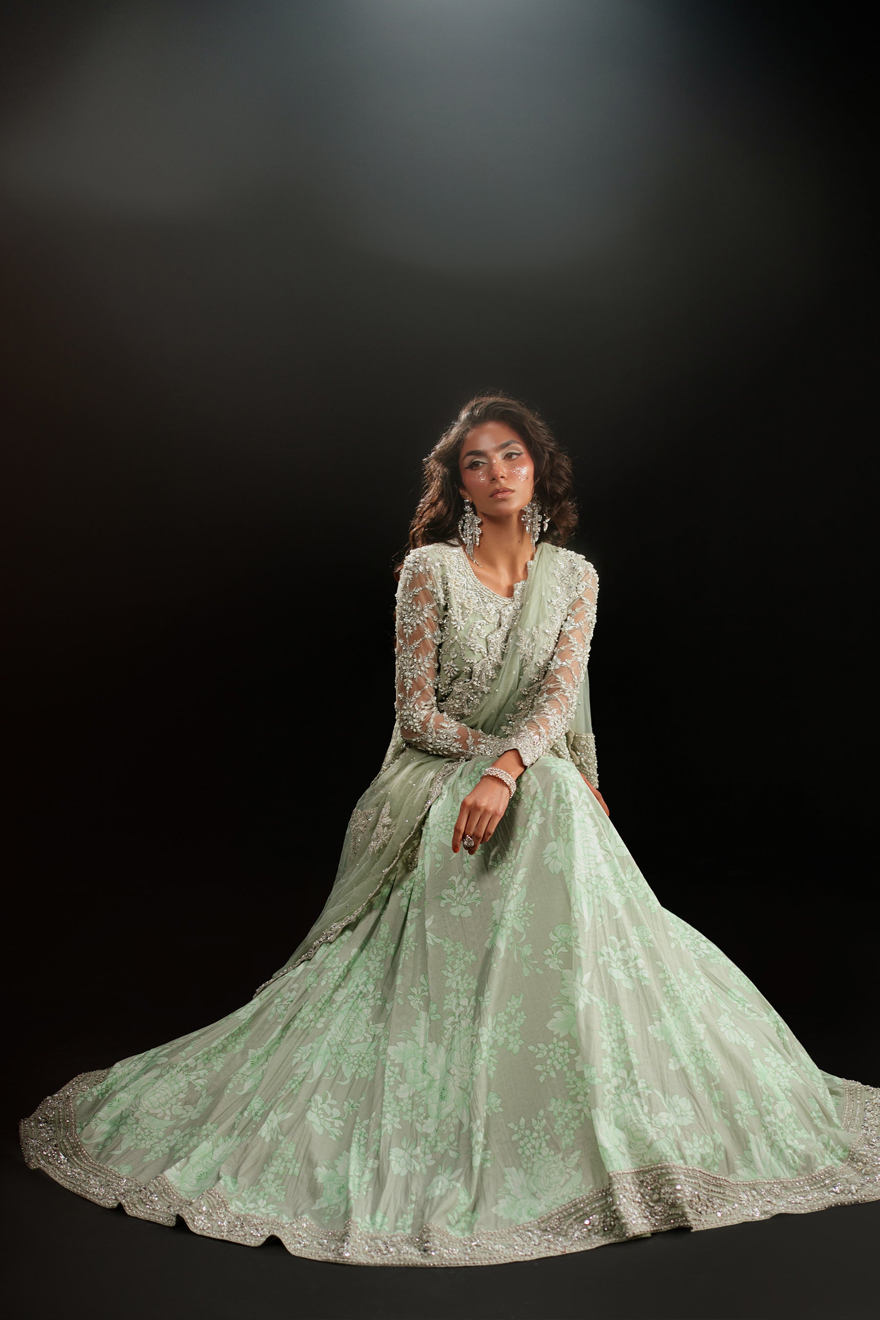 Pakistani Minty Dove Embellished Net & Crepe Lehenga (4-Piece) - Image 4