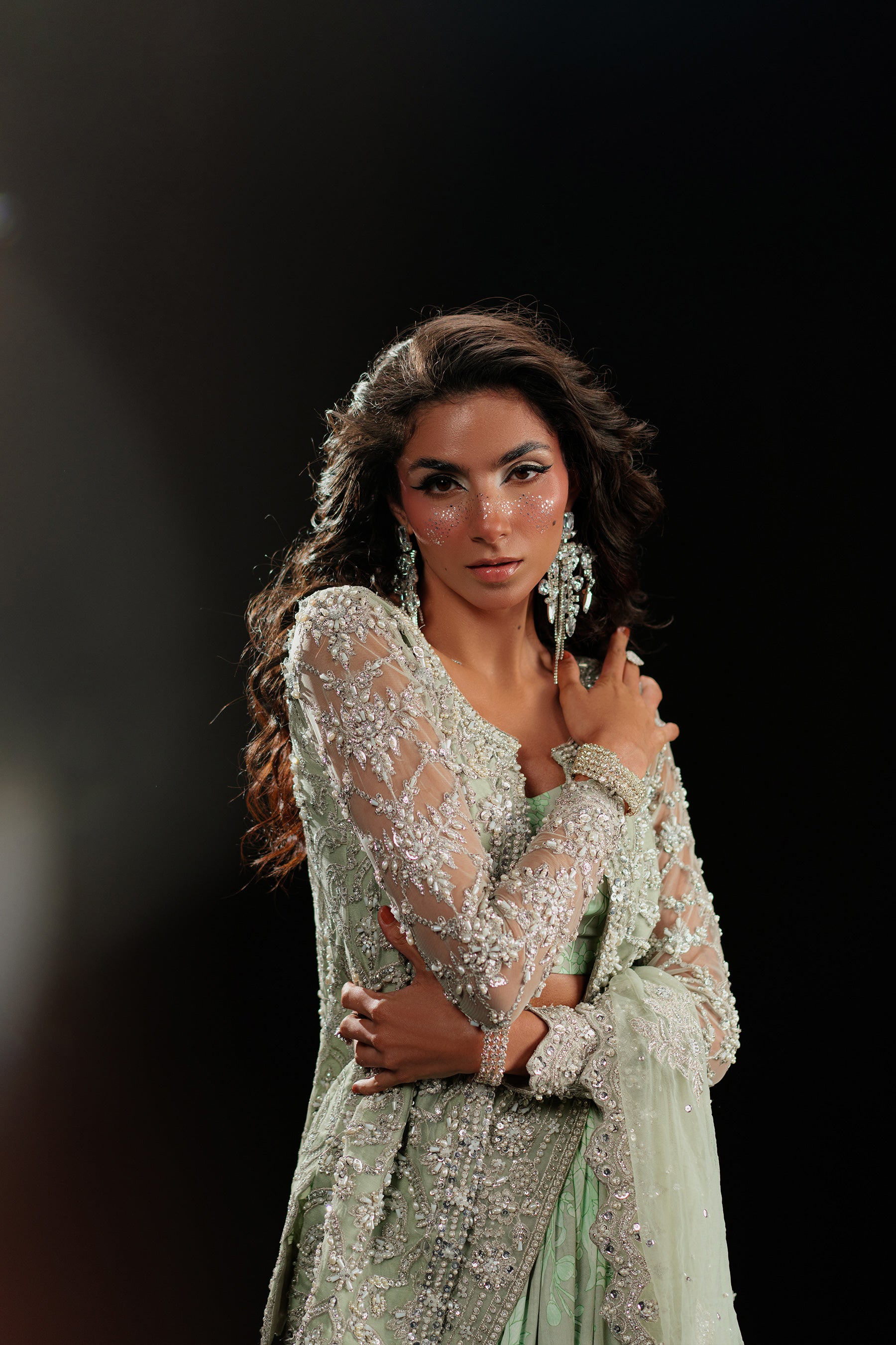 Pakistani Minty Dove Embellished Net & Crepe Lehenga (4-Piece) - Image 6