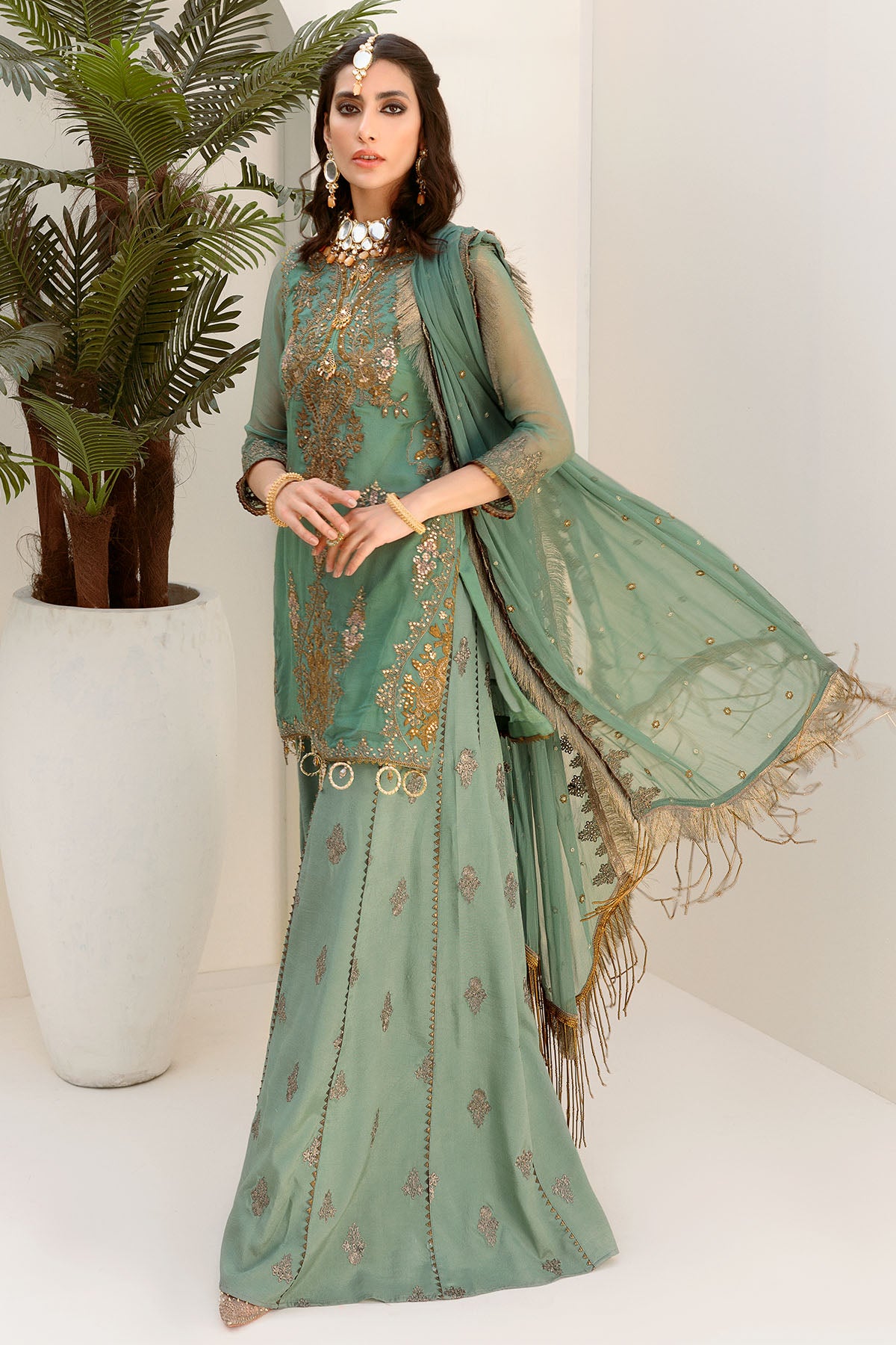 Mint Green Embroidered Crinkle Chiffon Lehenga (3-Piece) - Image 1