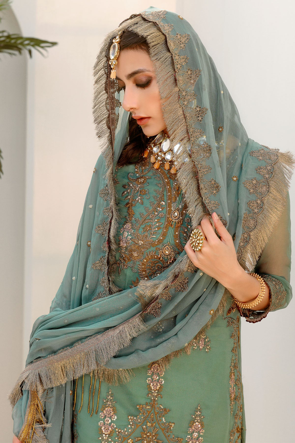 Mint Green Embroidered Crinkle Chiffon Lehenga (3-Piece) - Image 2