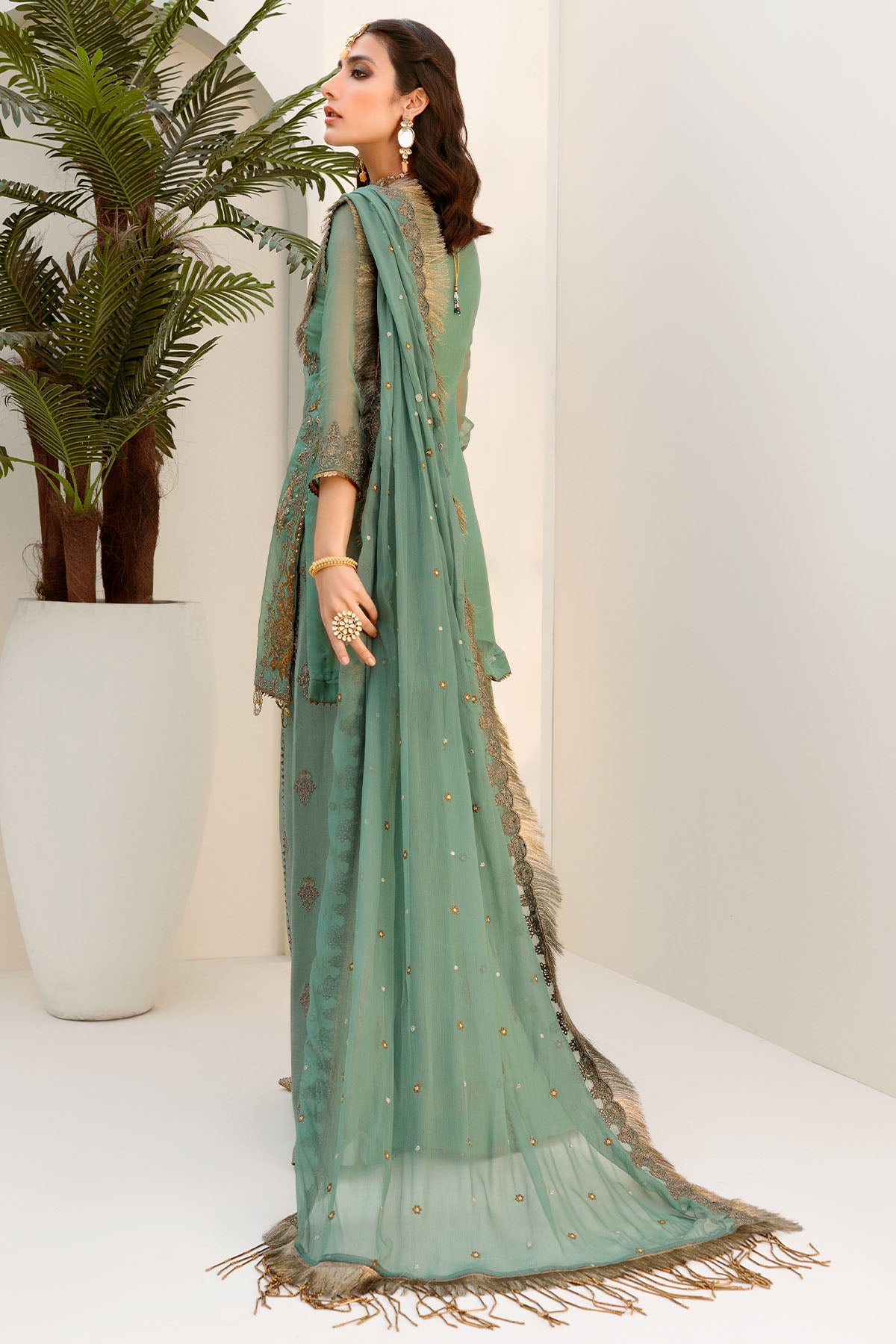 Mint Green Embroidered Crinkle Chiffon Lehenga (3-Piece) - Image 4