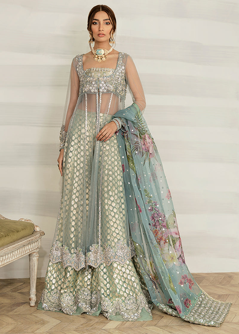 Mint Green Embroidered Net Gown with Foil Lehenga (3-Piece) - Image 1