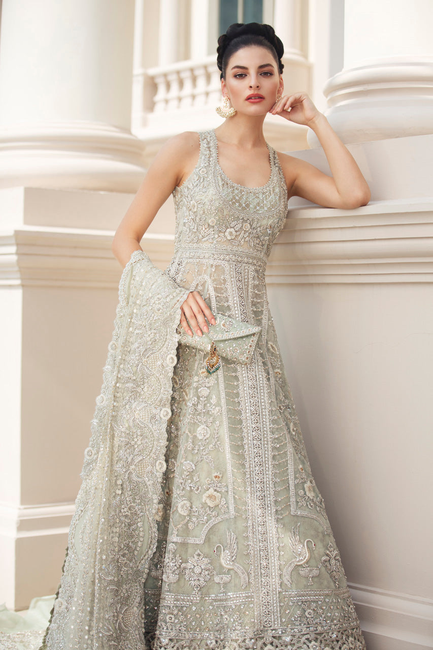 Pakistani Pistachio Zardozi French Net Peshwas (3-Piece) - Image 1