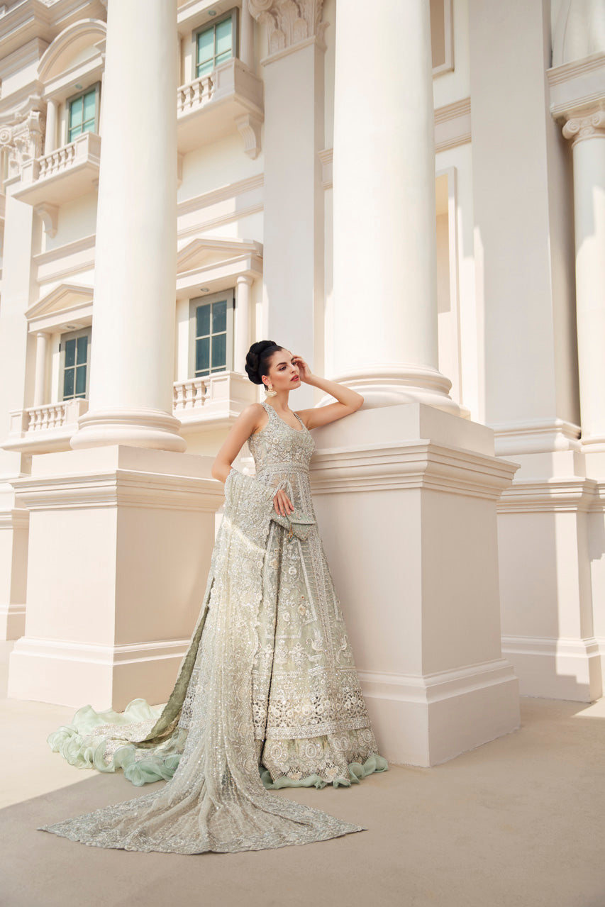 Pakistani Pistachio Zardozi French Net Peshwas (3-Piece) - Image 3