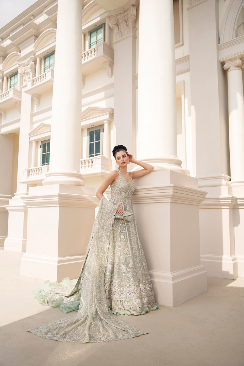 Pakistani Pistachio Zardozi French Net Peshwas (3-Piece) - Image 4