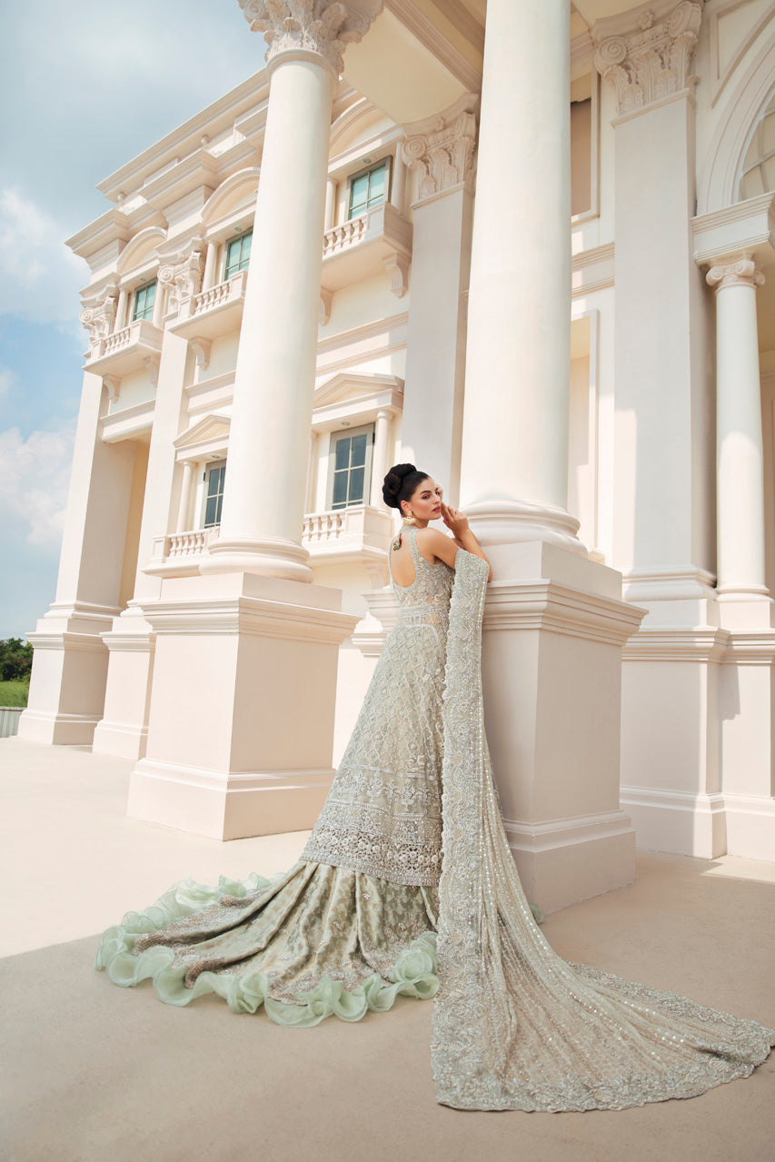 Pakistani Pistachio Zardozi French Net Peshwas (3-Piece) - Image 6