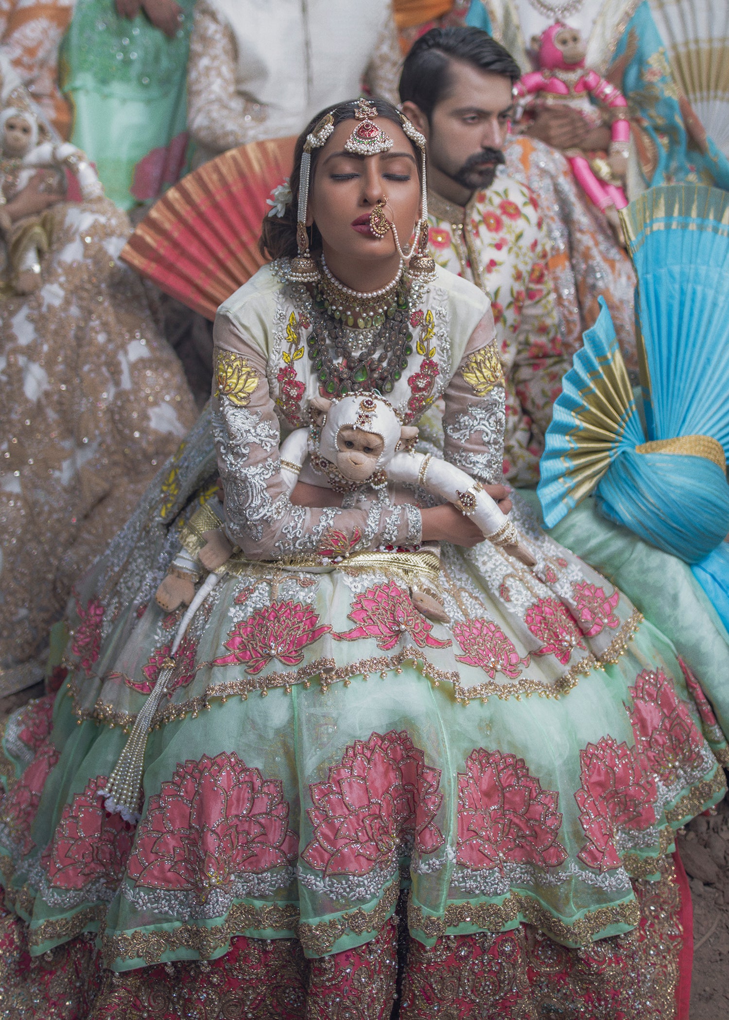 Pakistani Mint Pink Embroidered French Organza Lehenga Choli (3-Piece) - Image 1