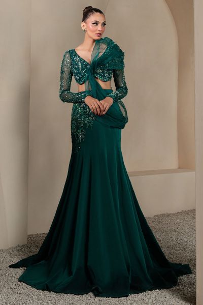 Emerald Green Embellished Georgette Fish-Cut Lehenga (3-Piece) - Image 1