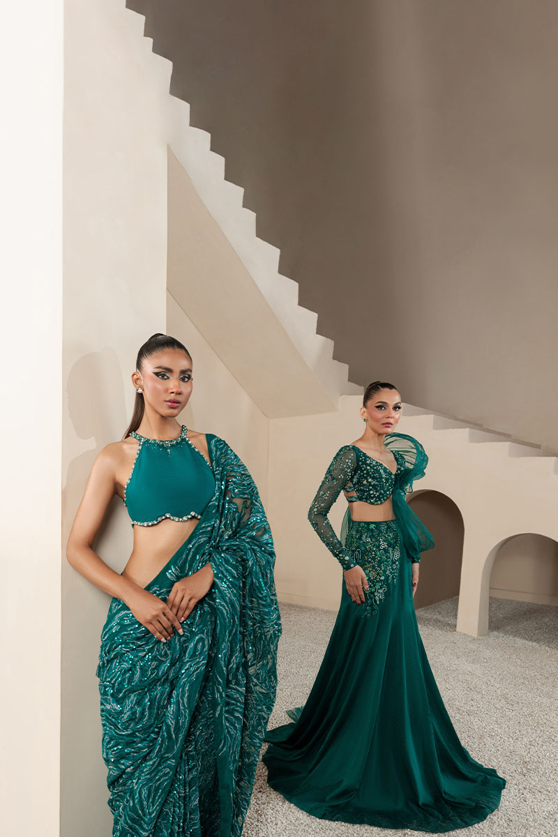 Emerald Green Embellished Georgette Fish-Cut Lehenga (3-Piece) - Image 11