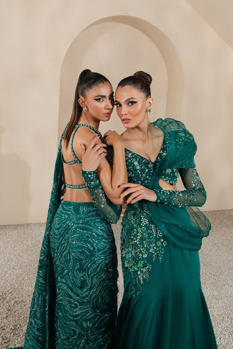 Emerald Green Embellished Georgette Fish-Cut Lehenga (3-Piece) - Image 12