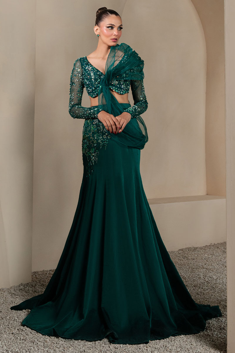 Emerald Green Embellished Georgette Fish-Cut Lehenga (3-Piece) - Image 2