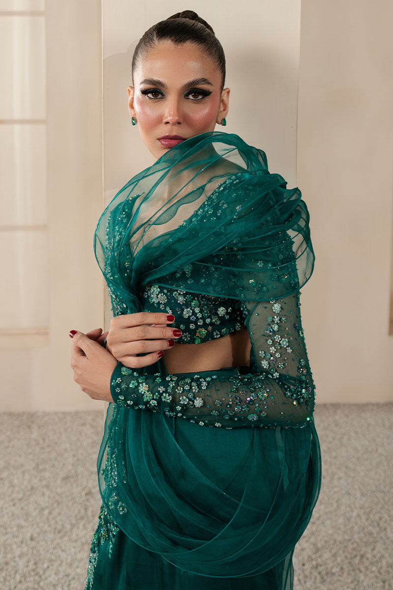 Emerald Green Embellished Georgette Fish-Cut Lehenga (3-Piece) - Image 7