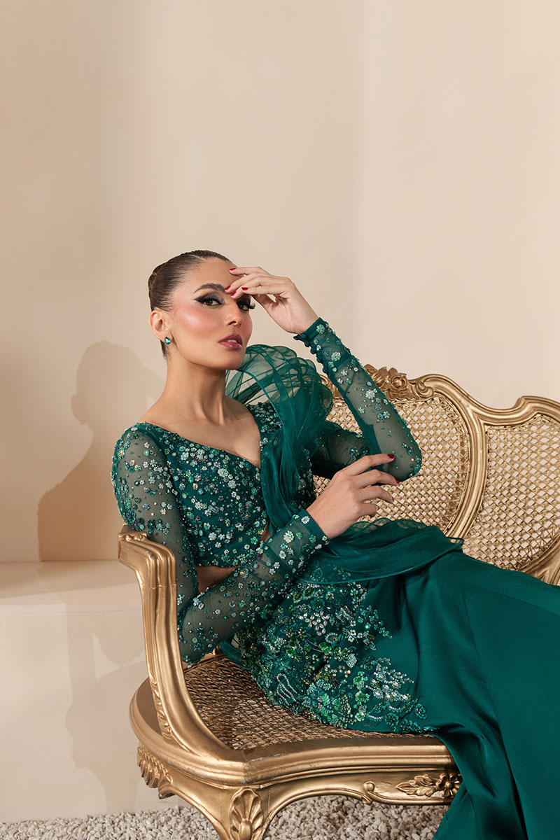 Emerald Green Embellished Georgette Fish-Cut Lehenga (3-Piece) - Image 8