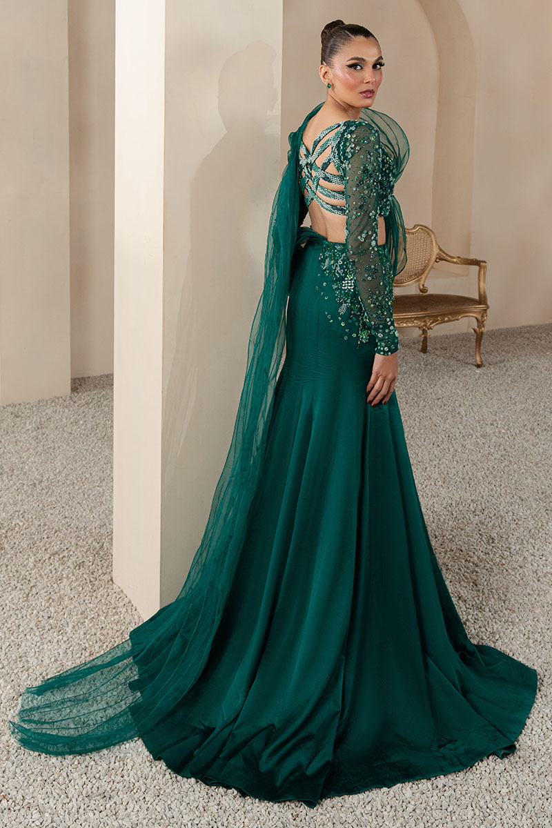 Emerald Green Embellished Georgette Fish-Cut Lehenga (3-Piece) - Image 9