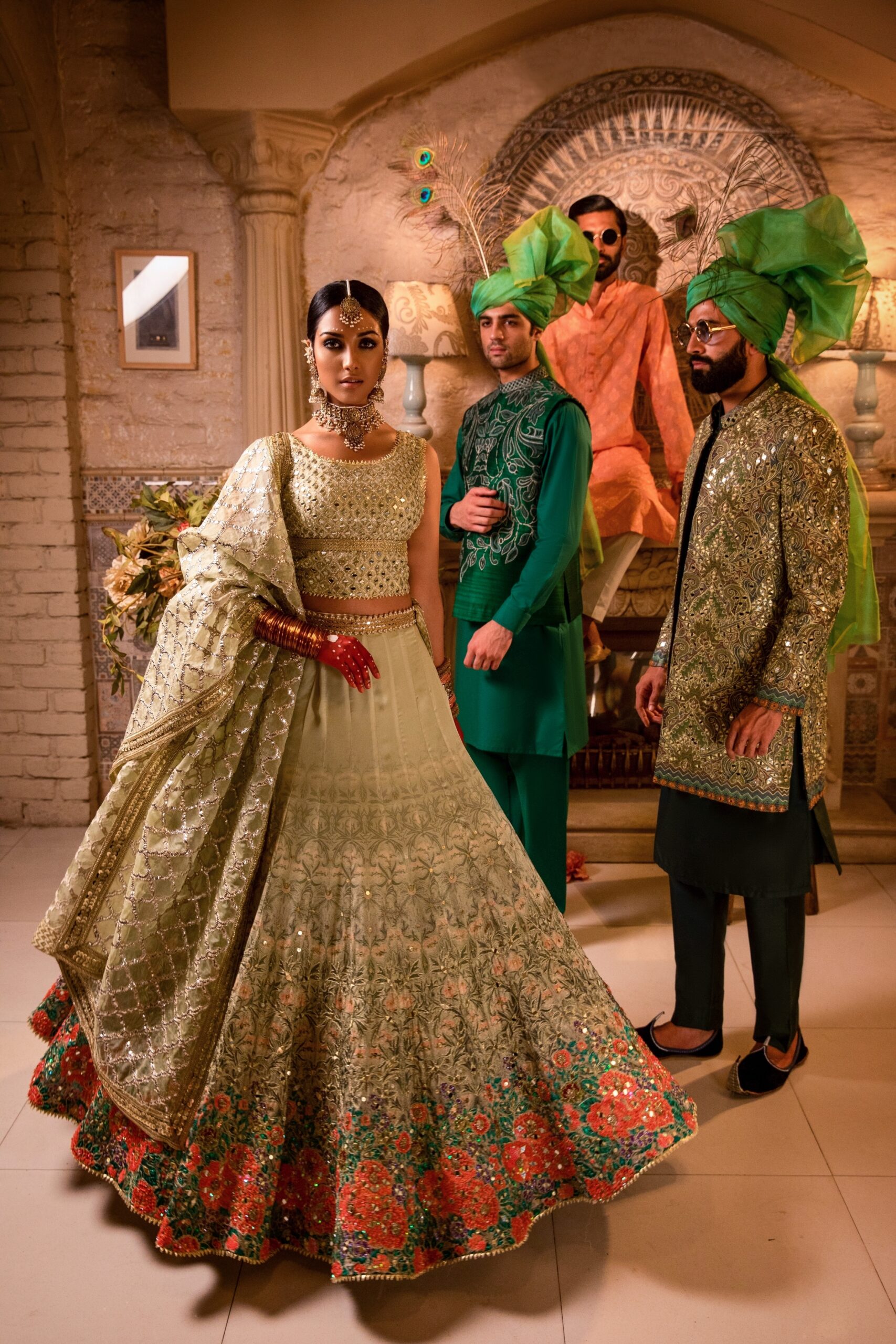 Pakistani Emerald Green Embroidered Georgette Bridal Lehenga (3-Piece) - Image 1